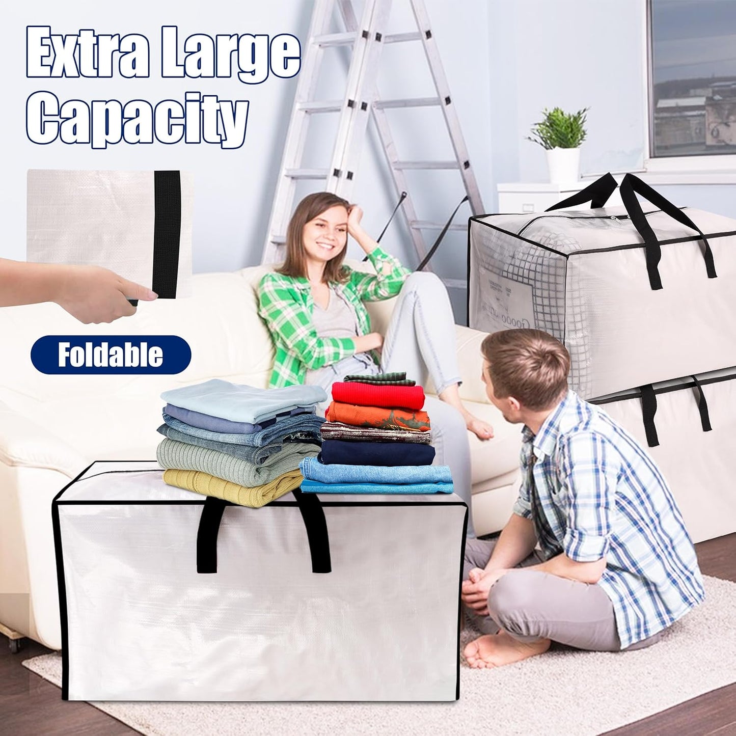 Sweet Dolphin Extra Large Moving Bags - 12 Pack Heavy Duty Storage Totes with Strong Zippers & Handles | Space-Saving Design