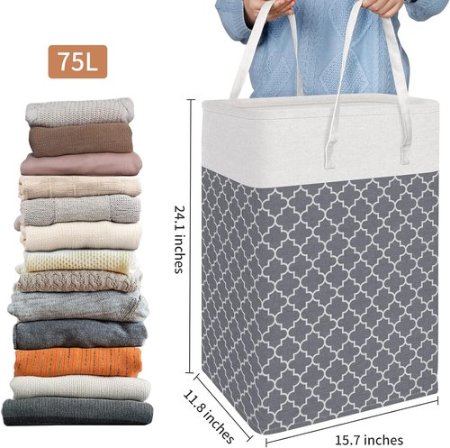 HomeHacks Laundry Baskets - 2-Pack Collapsible Waterproof Hamper with Long Handles | 75L Grey