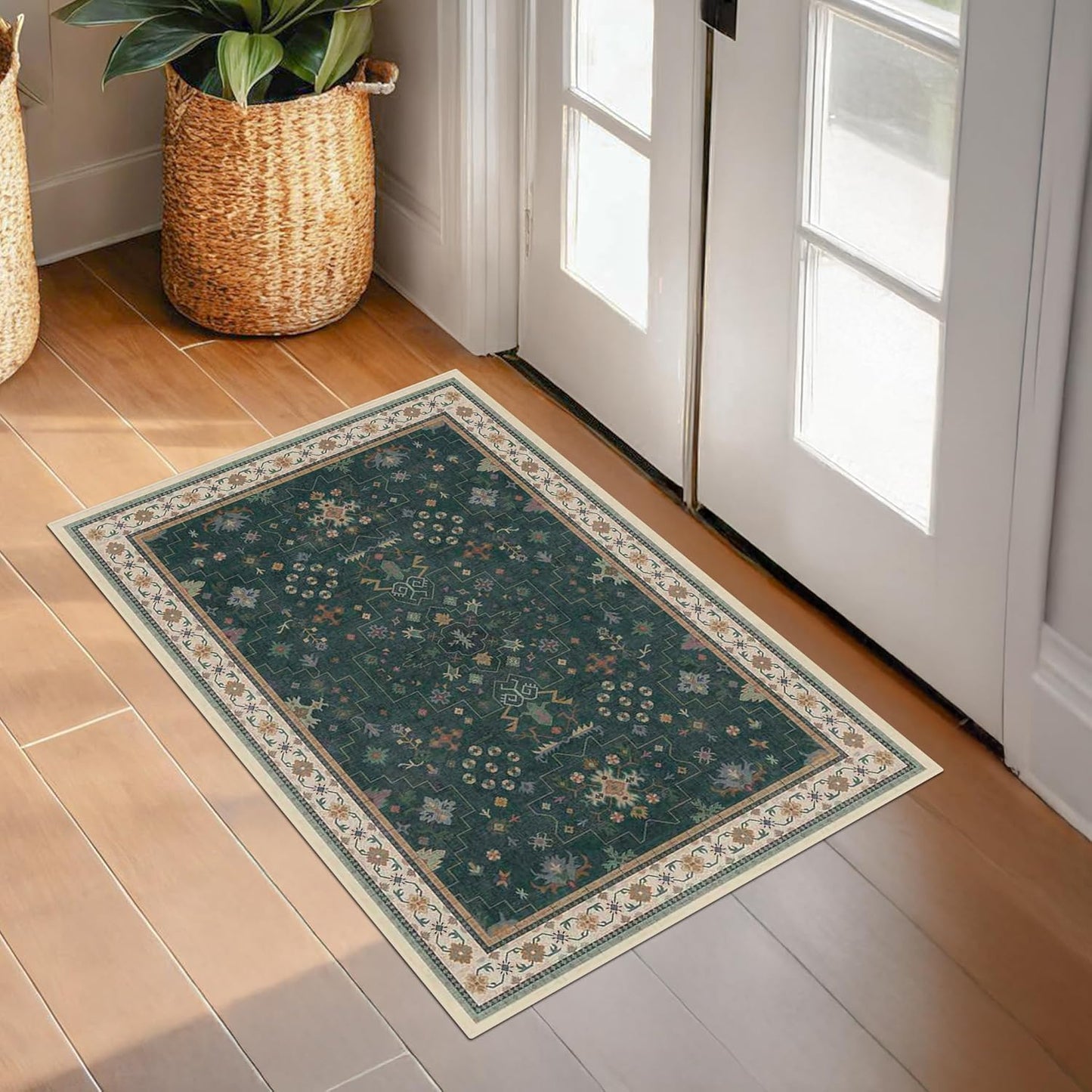 Oushak Dark Green 2x4 Entryway Rug - Modern Vintage Boho Floral Design, Washable Non-Slip Small Area Mat