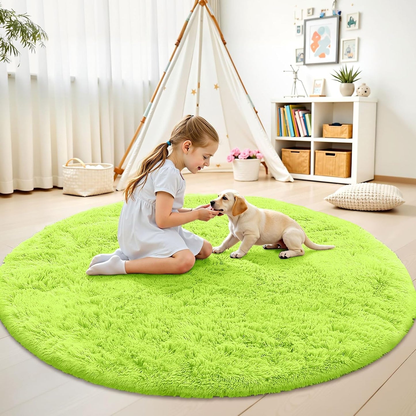 OLANLY Round Lime Green Area Rug - Soft, Fluffy, Machine Washable 6 ft Carpet for Bedroom & Living Room Decor