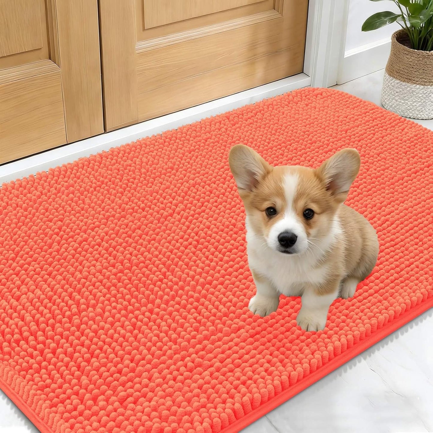OLANLY Dog Door Mat - Absorbent Non-Slip Chenille Mat for Muddy Paws | 24x16 Coral Indoor Carpet