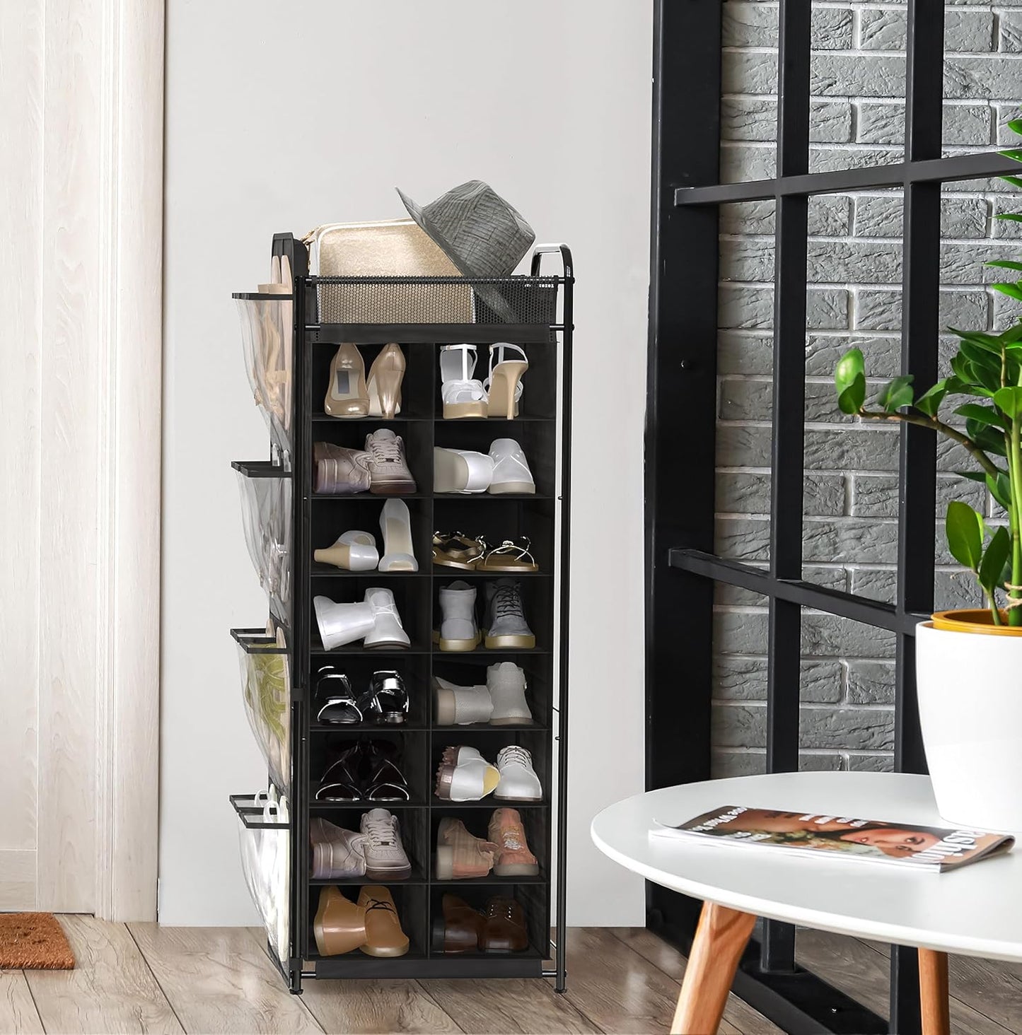 Simple Houseware 16-Cube Shoe Stand Tower Rack - 8-Tier Design with Top Shelf & Side Pockets | Black