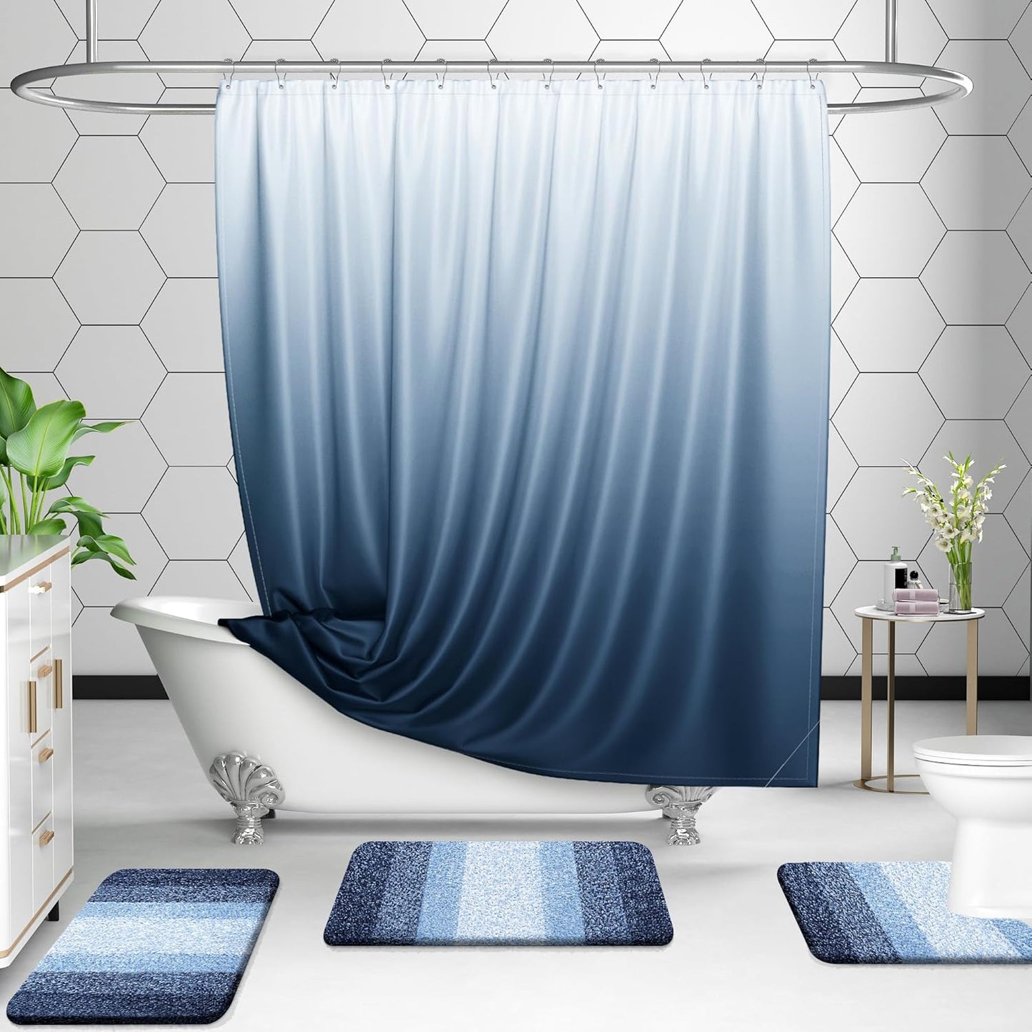 OLANLY Bathroom Rugs Set - Soft Absorbent Microfiber Mats & U-Shaped Contour Rug | Navy, 3-Piece Set (30"x20"+24"x16"+24"x20")