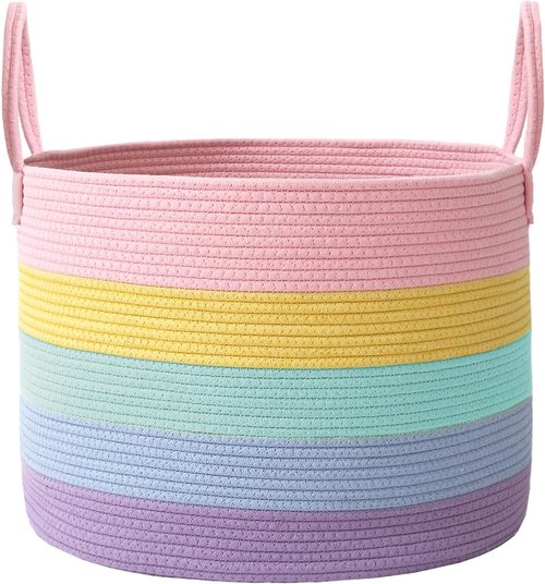 JMvicyroam 65L Extra Large Blanket Basket - Woven Cotton Rope Laundry Hamper with Reinforced Handles | Machine Washable Rainbow Storage Bin for Pillows, Comforters & Toys