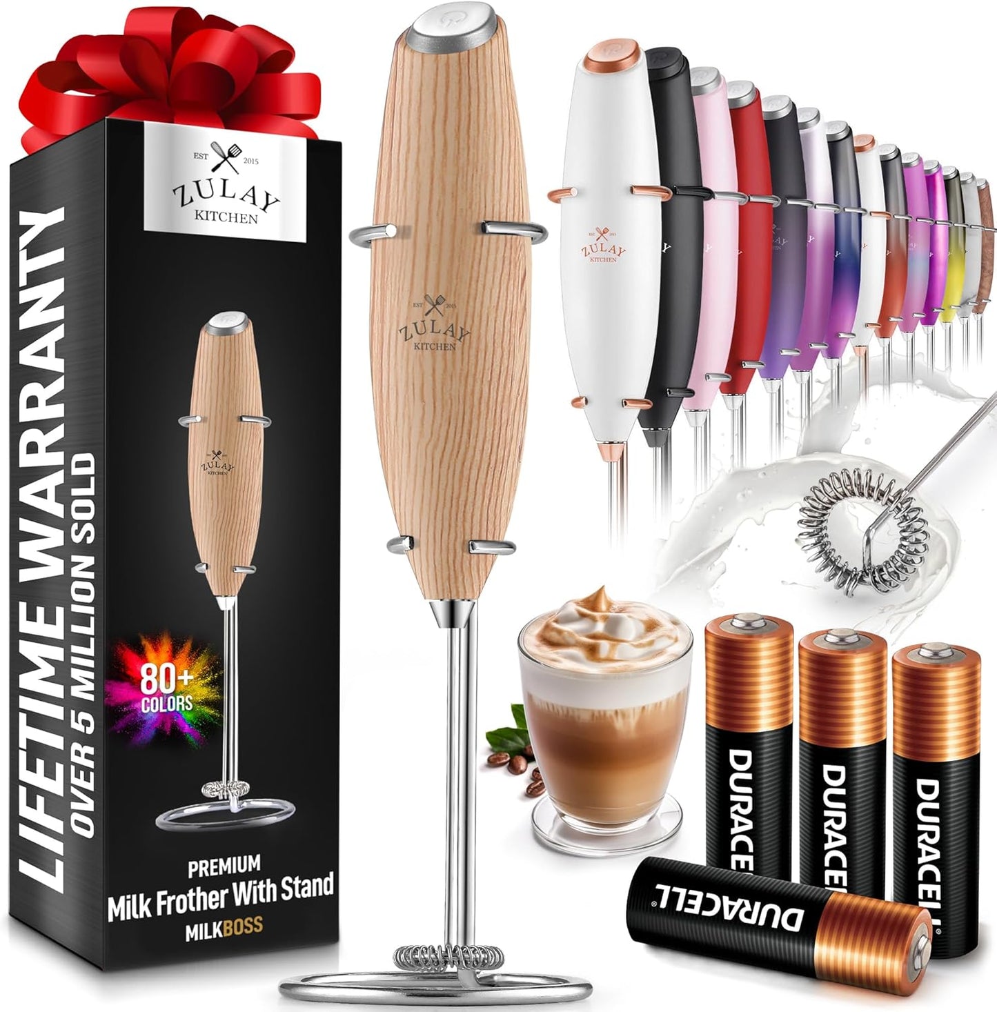 Zulay Kitchen Milk Frother Wand - Ultra Fast Electric Whisk for Coffee & Lattes | Includes 4 AA Duracell Batteries - Maple