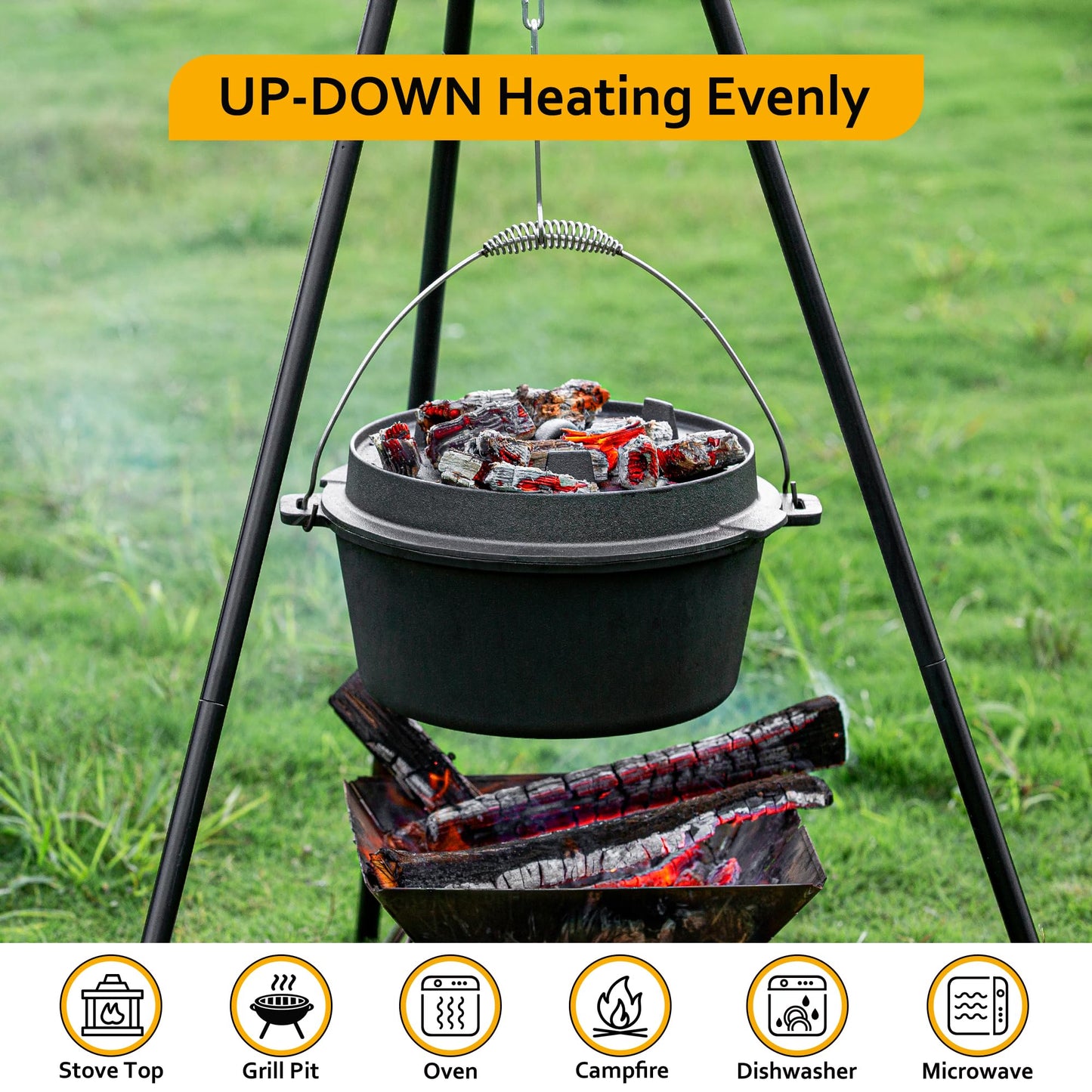 Velaze 10QT Camping Dutch Oven, Pre-Seasoned Cast Iron Camp Dutch Oven Pot with Lid, for Use in the Oven, on the Stove, Grill, or over the Campfire - Metal Handle, Lid Lifter, and Stand Support