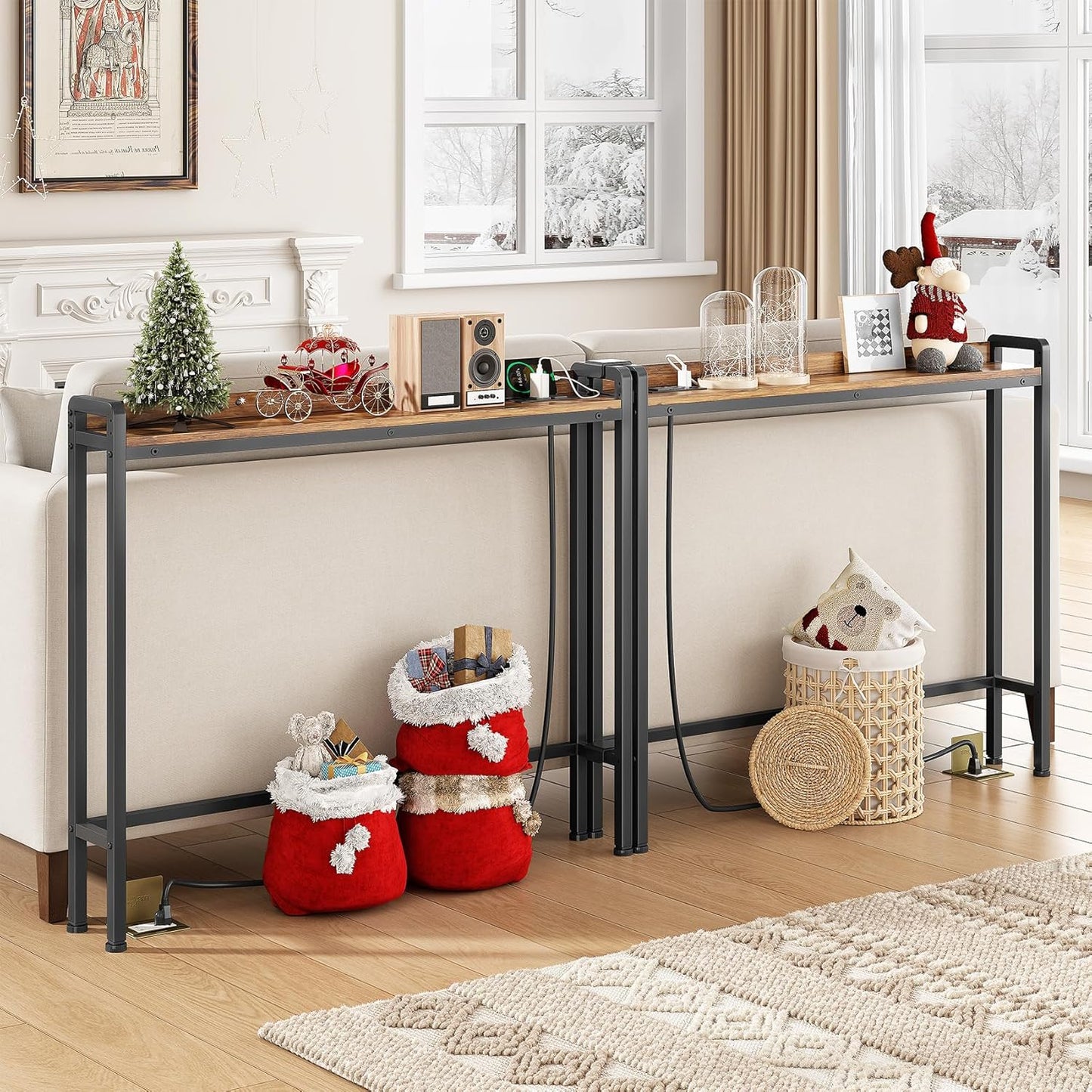 Kitstorack Narrow Entryway Console Table - 2-Pack with Elevated Rear Fence & 2 Power Outlets | 79" Long x 5.9" Wide x 33.3" High, Brown