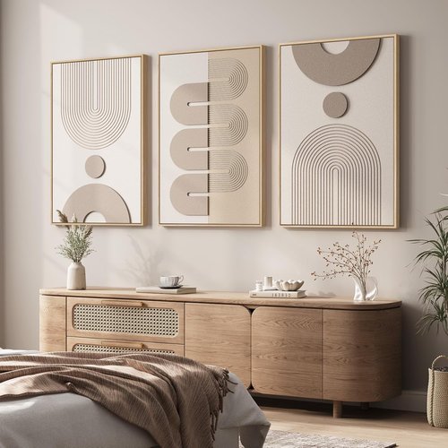 Boho Wall Art by Large 3D Textured | Modern Abstract 3-Piece Set for Living Room - Beige & White 24x36 In