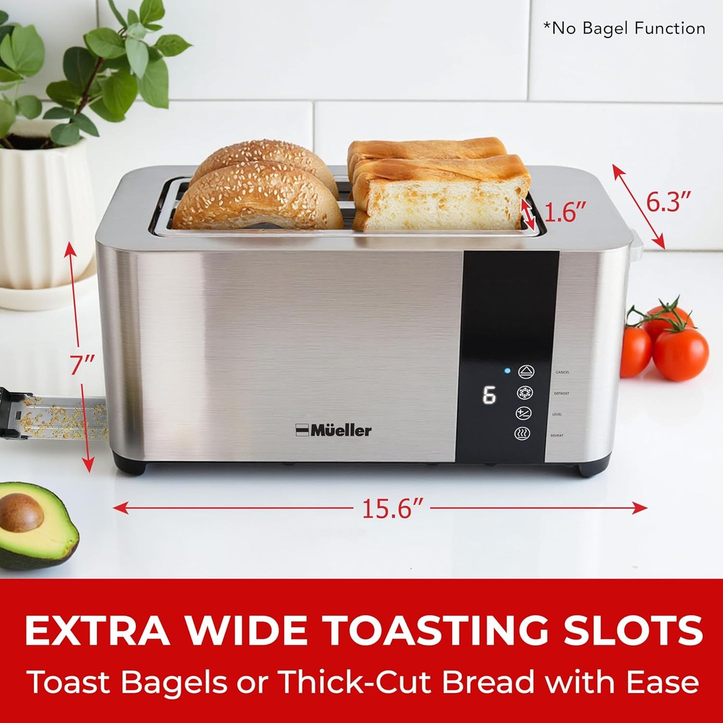 Mueller UltraToast 4-Slice Stainless Steel Toaster - Extra-Wide Slots for Artisan Bread & Bagels, 6 Browning Levels, LED Display