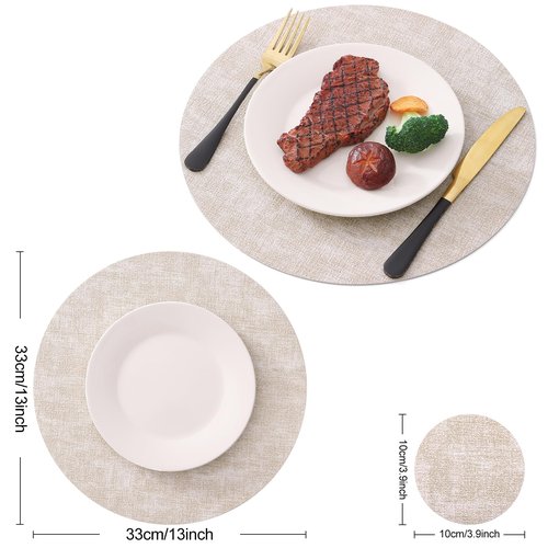 Homaxy Round Faux Leather Placemats and Coasters, Washable Dual-Side Table Mats, Wipeable Heat-Resistant Dining Place Mats for Outdoor and Indoor, Set of 6, Diameter 13 and 3.93 inch, Beige