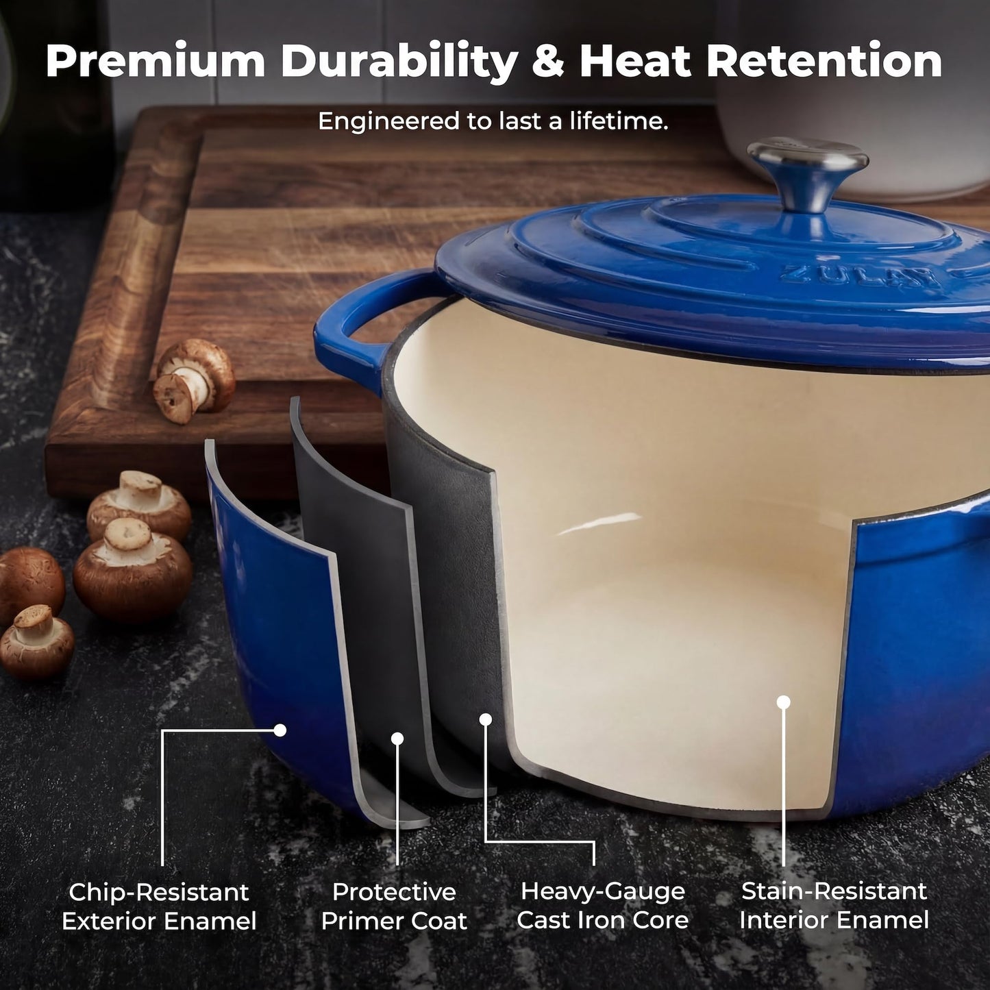 Zulay Kitchen 6 Quart Enameled Cast Iron Dutch Oven Pot with Lid – Premium Durability & Oven Safe up to 500°F – Heavy Duty Cookware Perfect for Bread Baking, Stews, Braising & Roasting - Blue