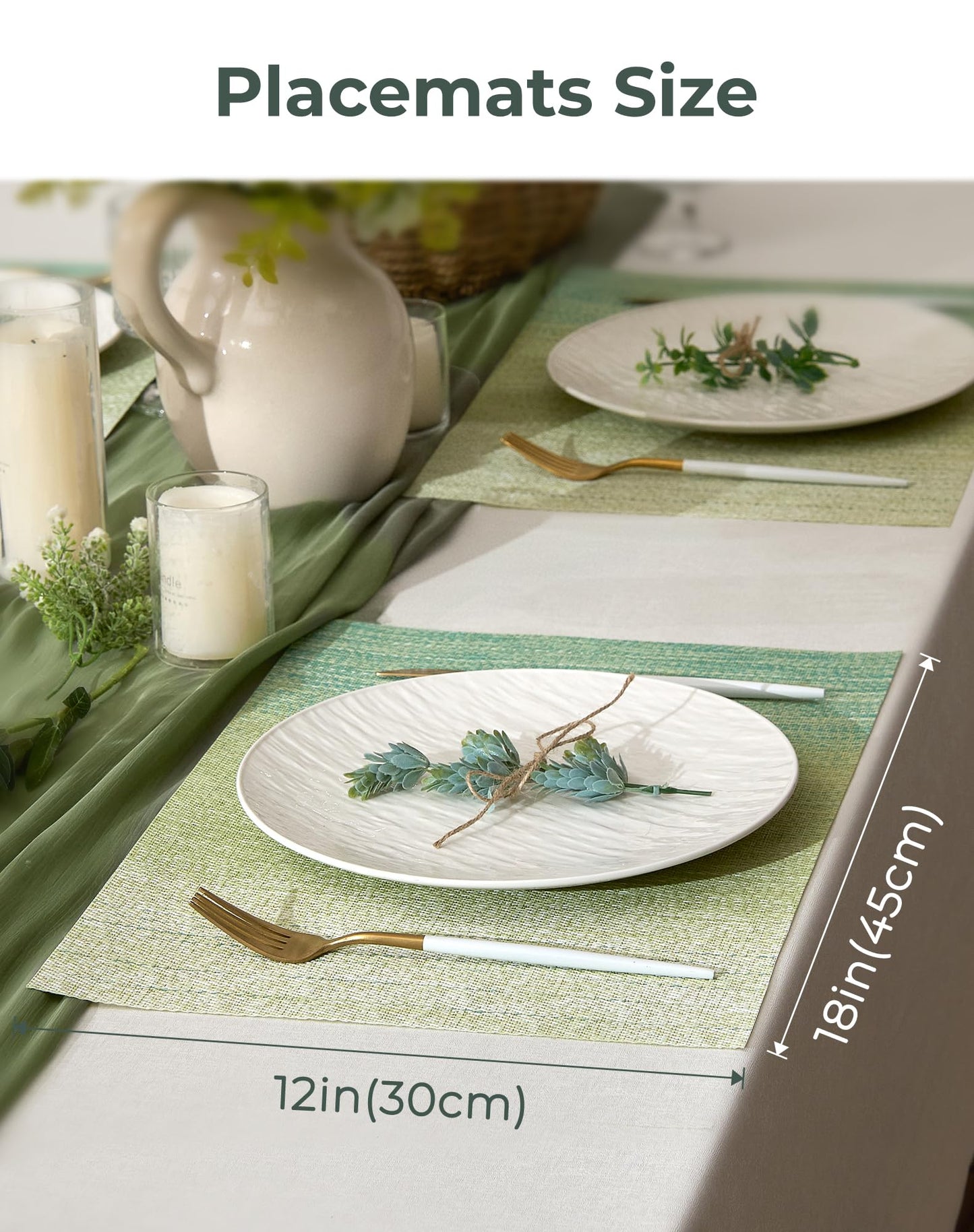 Leetaltree Gradient Green Woven Placemats Set of 12 - Heat Resistant Non-Slip Place mats for Dining Table, Washable Durable PVC Vinyl Woven Table Mats(Gradient Green, 12)