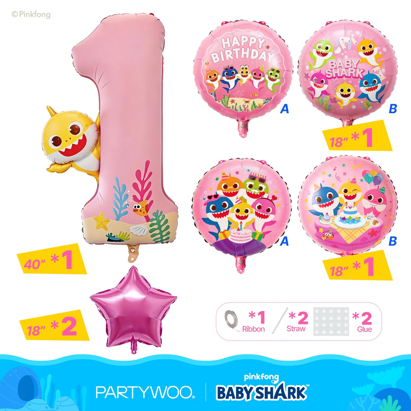 PartyWoo Baby Shark Pink Foil Number 1 Balloon 5pcs 40 18 Inch Pink Round Star Mylar Helium Birthday Balloons for Boys and Girls Baby Shark Under the Sea Ocean Kids First Birthday Party Decorations
