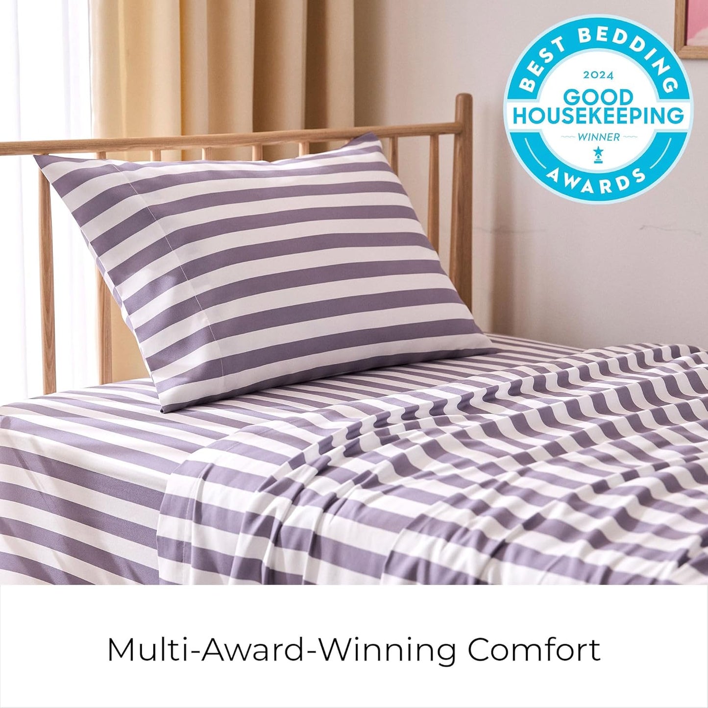 Mellanni Twin Sheets Set - 3 PC Hotel Luxury Bedding | Extra Soft, Cooling, Wrinkle-Resistant (Oxford Stripe Hazy Lilac)