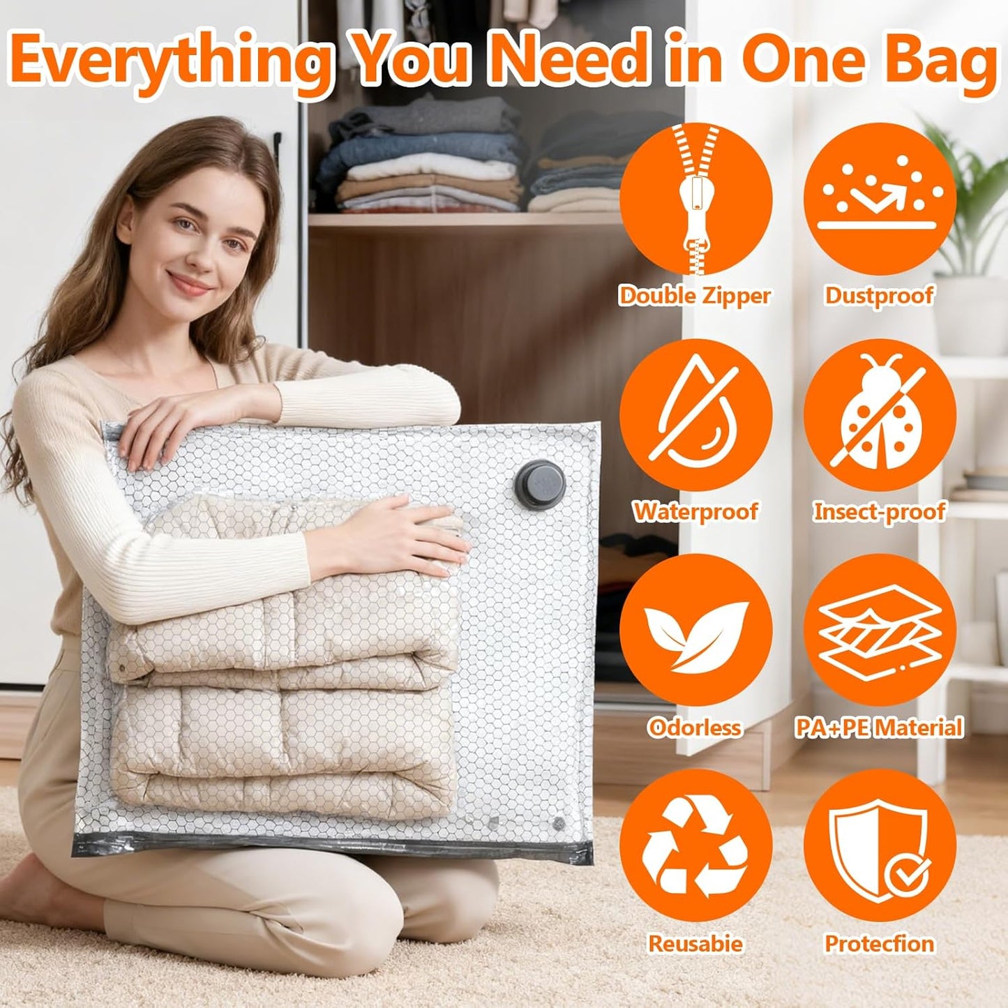 Skiennix Travel Vacuum Storage Bags - 15 Pack with USB Electric Pump | Space Saver for Clothes & Luggage