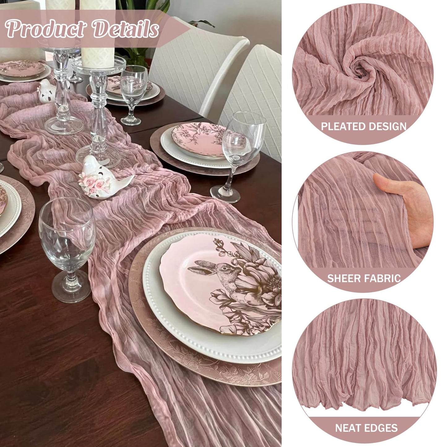 6 Pieces Dusty Pink Easter Spring 10FT Cheesecloth Table Runner Boho Gauze Fabric Table Runner Rustic Sheer Runner for Wedding Birthday Baby Shower Party Boho Table Decoration（Dusty Pink）