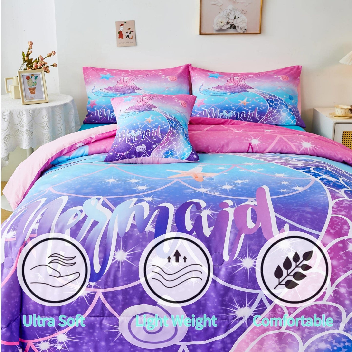 RYNGHIPY Mermaid Comforter Set 6Pcs, Kids Gilrs Bed in a Bag Full Size, Mermaid Tail Print Teens Girls Bedding Set, Rainbow Bedding Collections