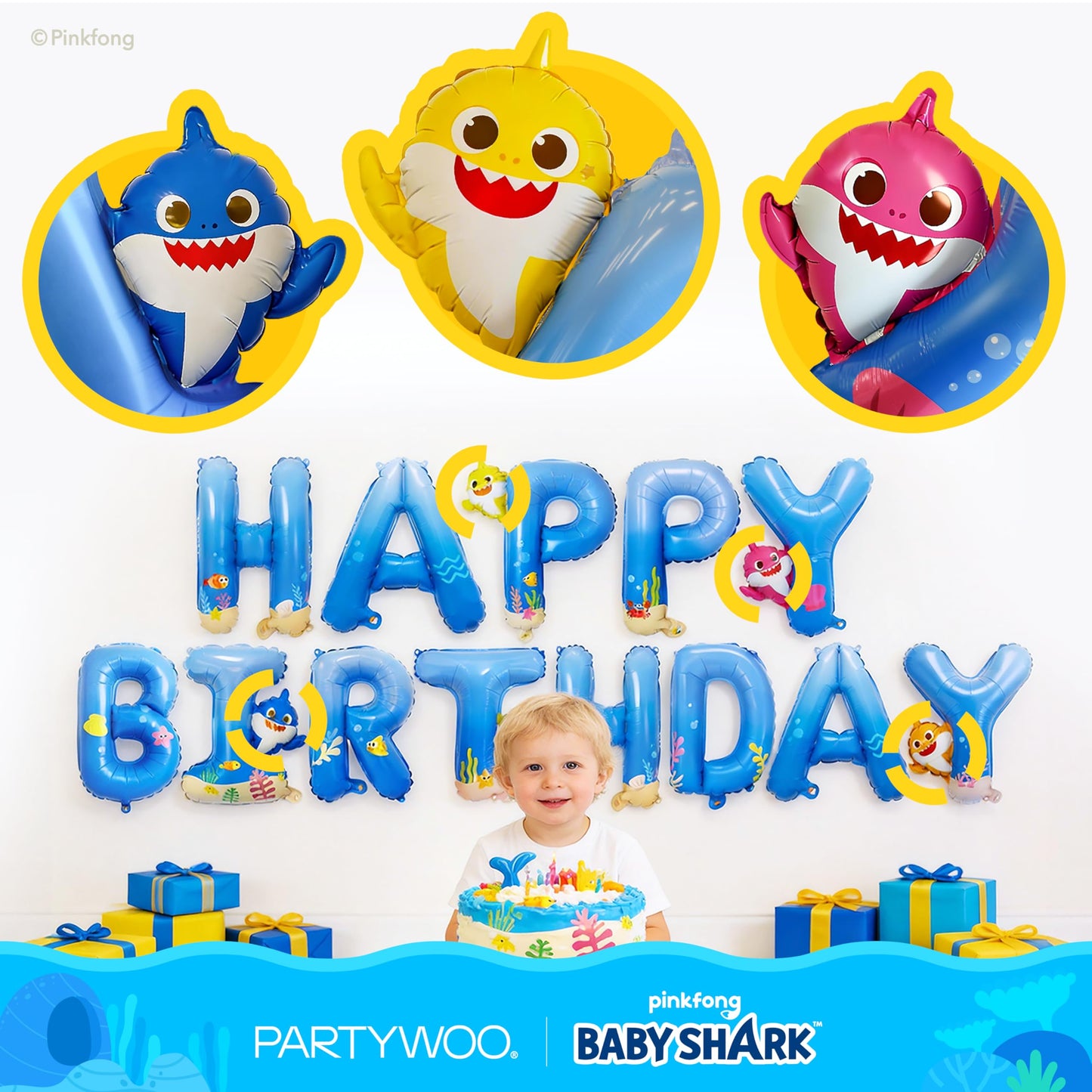 PartyWoo Baby Shark Blue Happy Birthday Banner Letter Balloons 16 Inch Blue Mylar Foil Letter Balloons for Boys and Girls Baby Shark Under the Sea Ocean Theme Kids Birthday Party Decorations