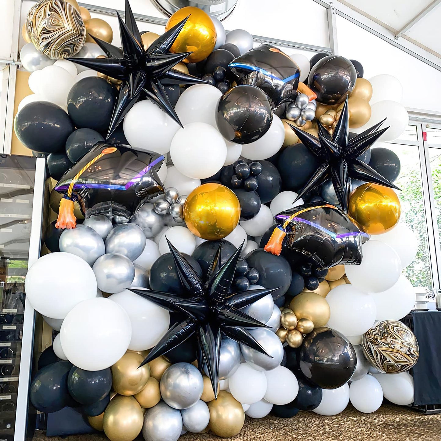 PartyWoo Black Star Foil Balloons 6pcs Different Sizes Pack of 27 22 Inch Large Black Explosion Spike Mylar Balloons for Graduation Birthday Retirement Anniversary Space Theme Party Decorations
