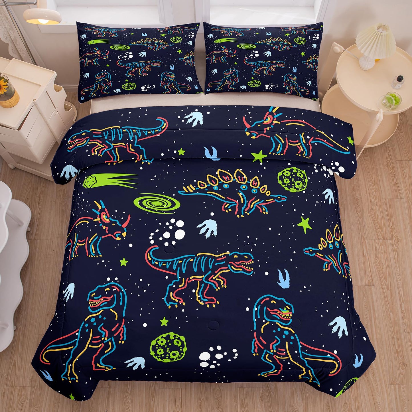 NINENINE Dinosaur Bedding Sets for Boys Kids,Dark Blue Retro Dinosaur Comforter Set,Queen Size Comforter Sets for Kids,with 1 Comforter 2 Pillowcases