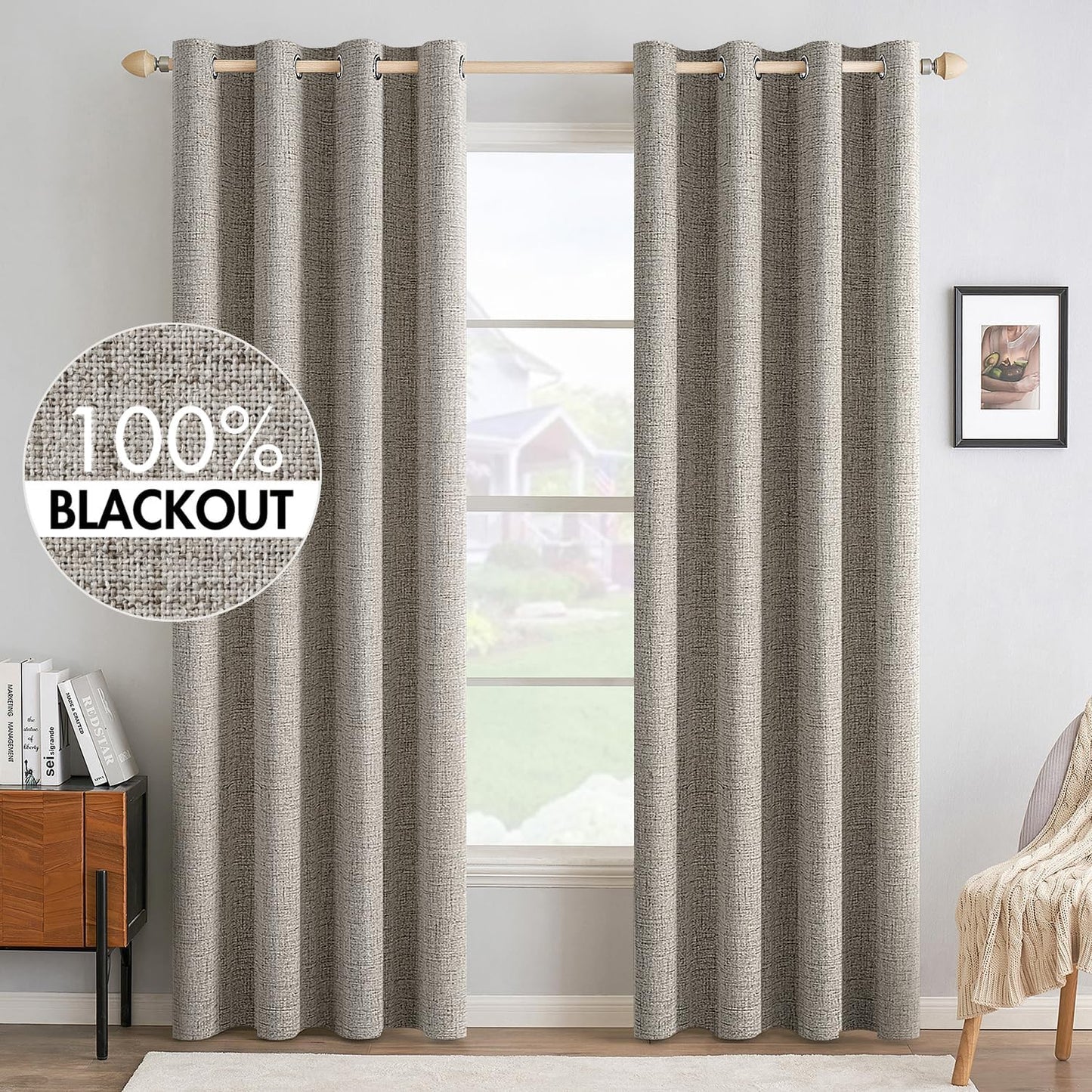 MIULEE Blackout Linen Curtains - 100% Thermal Insulated Grommet Draperies | Greige, 52x96 Inch (2 Panels)