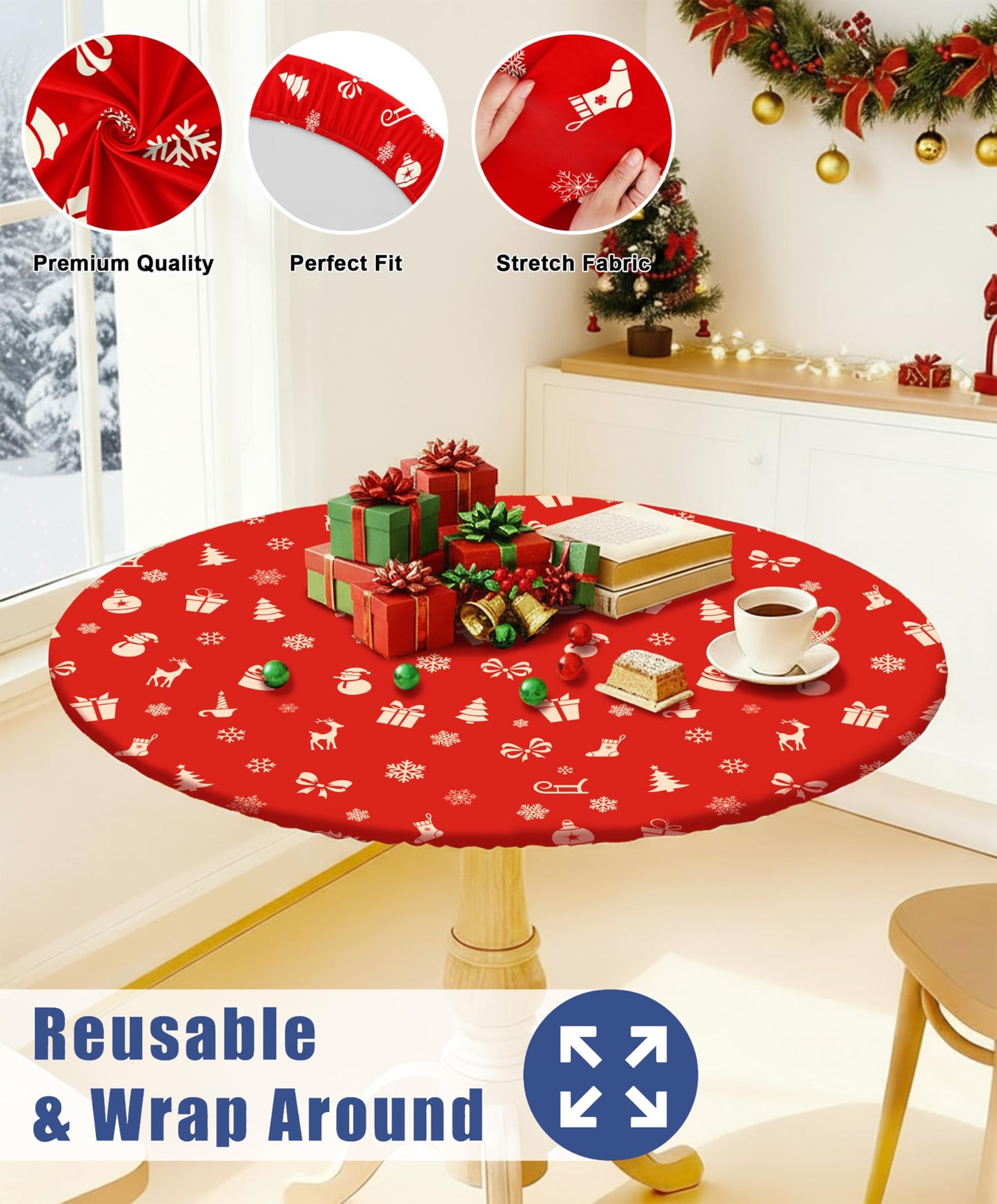 Moosfor Round Spandex Christmas Tablecloth, Elastic Fitted Waterproof Tablecloths for 45"-56" Tables, Stretch Washable Picnic Table Cover for Christmas Dinner, Box Snowflake