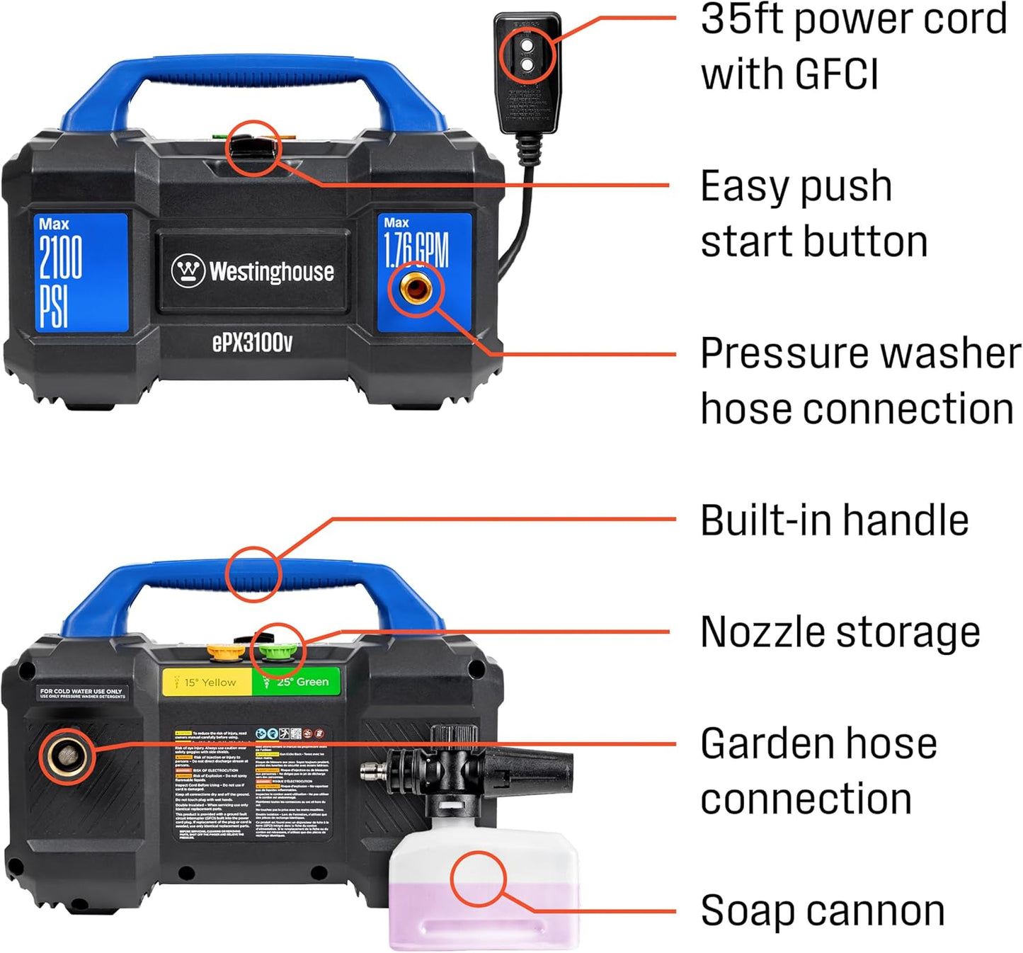 Westinghouse ePX3100v Electric Pressure Washer - 2100 PSI, 1.76 GPM, Foam Cannon & Steel Wand Included