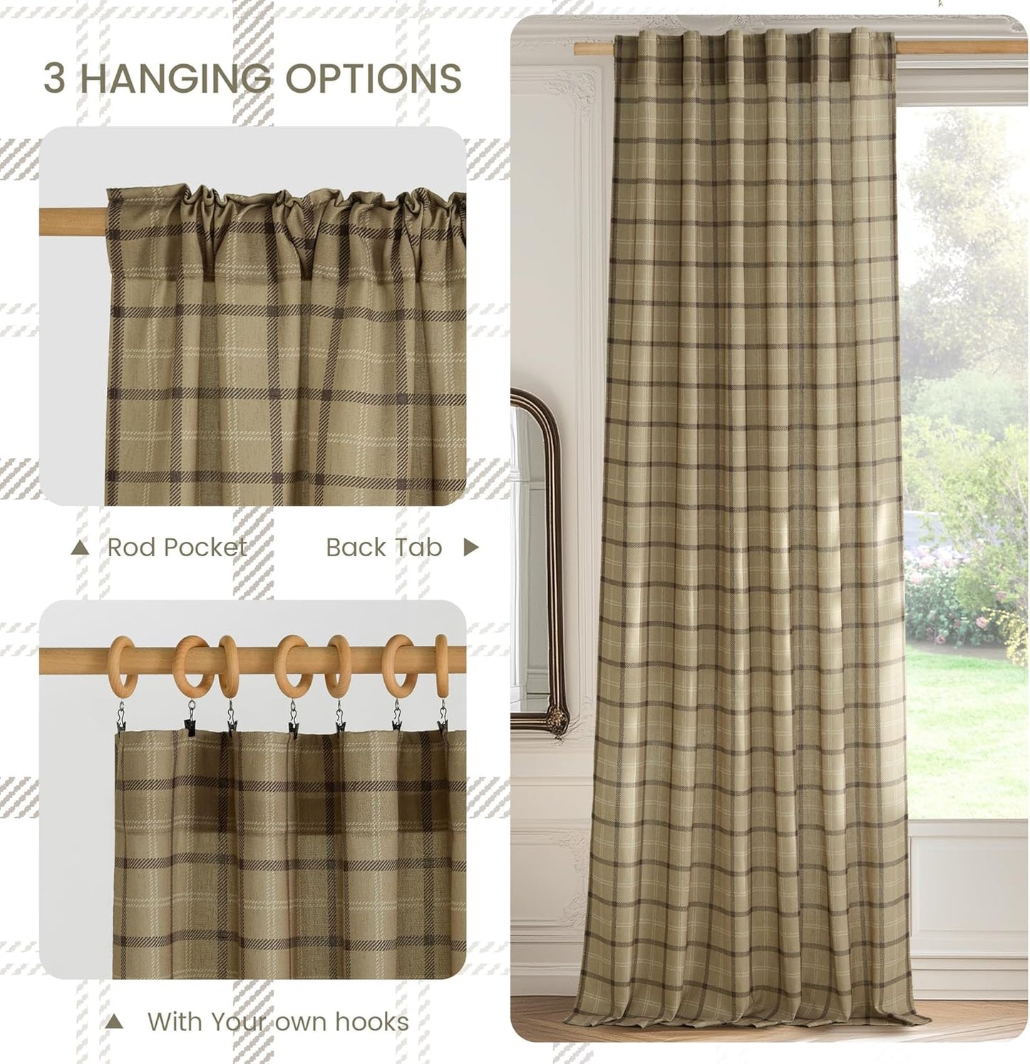 NICETOWN Linen Plaid Patterned Curtains - 84-Inch Light Filtering Privacy Shade | Semi-Sheer, 1 Pair, 52W x 84L