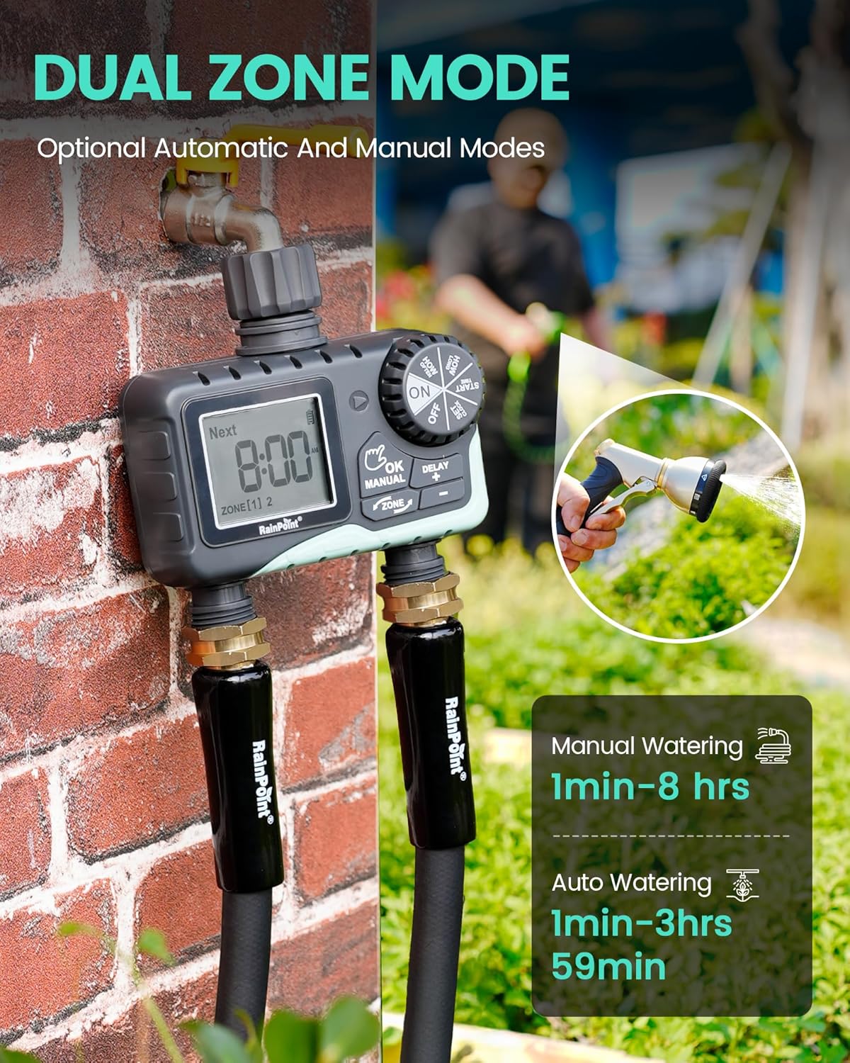 RAINPOINT Sprinkler Timer - 2 Outlet Programmable Water Timer for Garden Hose | LCD Display, Rain Delay & Manual Control