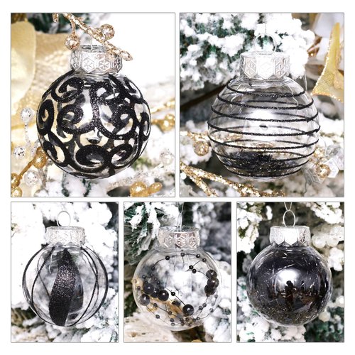 BSTCRAFT 60MM/2.36 Christmas Ornaments Set, 30pcs Clear Christmas Ornaments Black Shatterproof Decorative Baubles for Xmas Tree