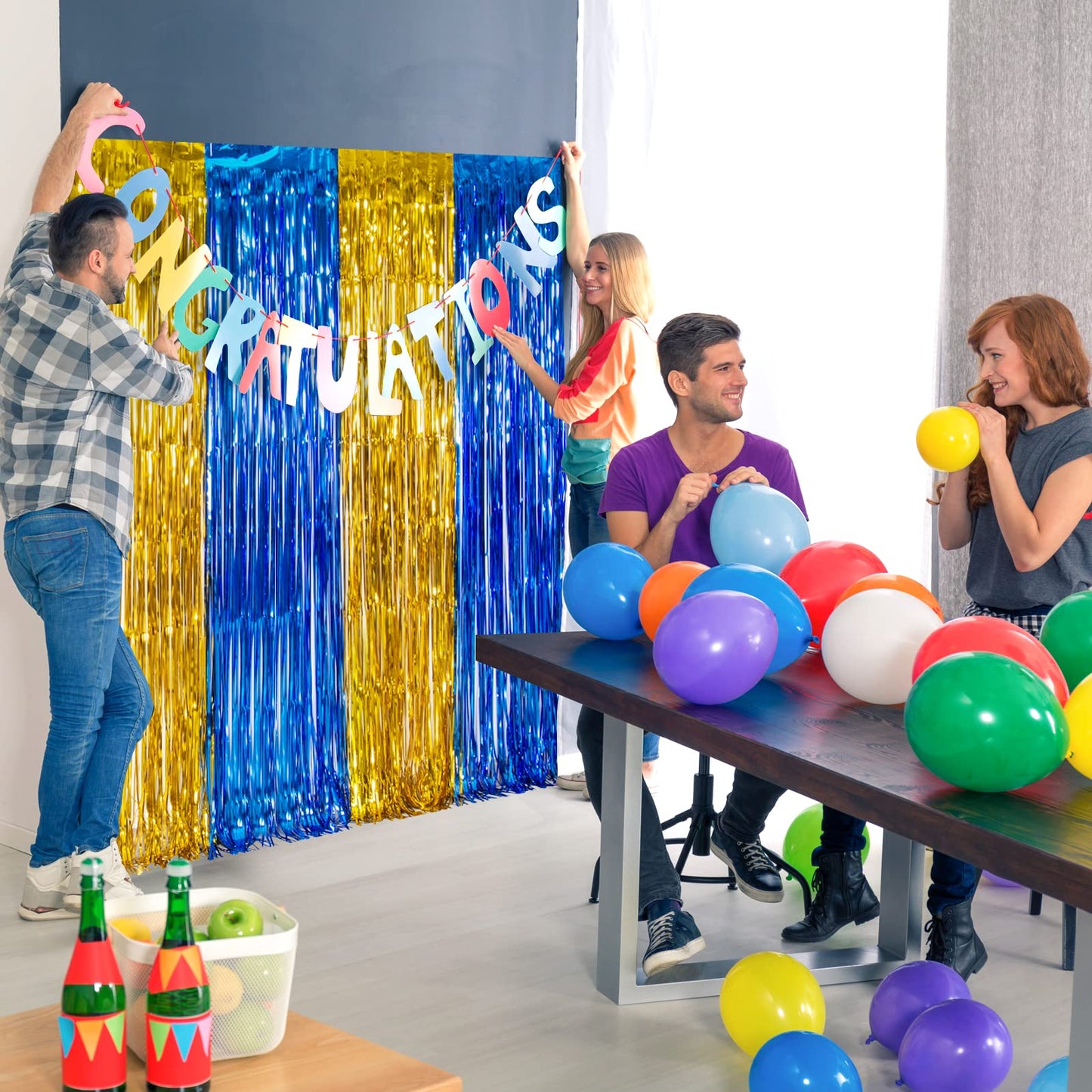 LOLStar Graduation Party Decoration, 2 Pack Blue and Gold 3.3x6.6 ft Foil Fringe Curtains, Tinsel Backdrop, Graduation Photo Booth Prop Streamer Backdrop for Class of 2026, Prom and Grad Party Decor