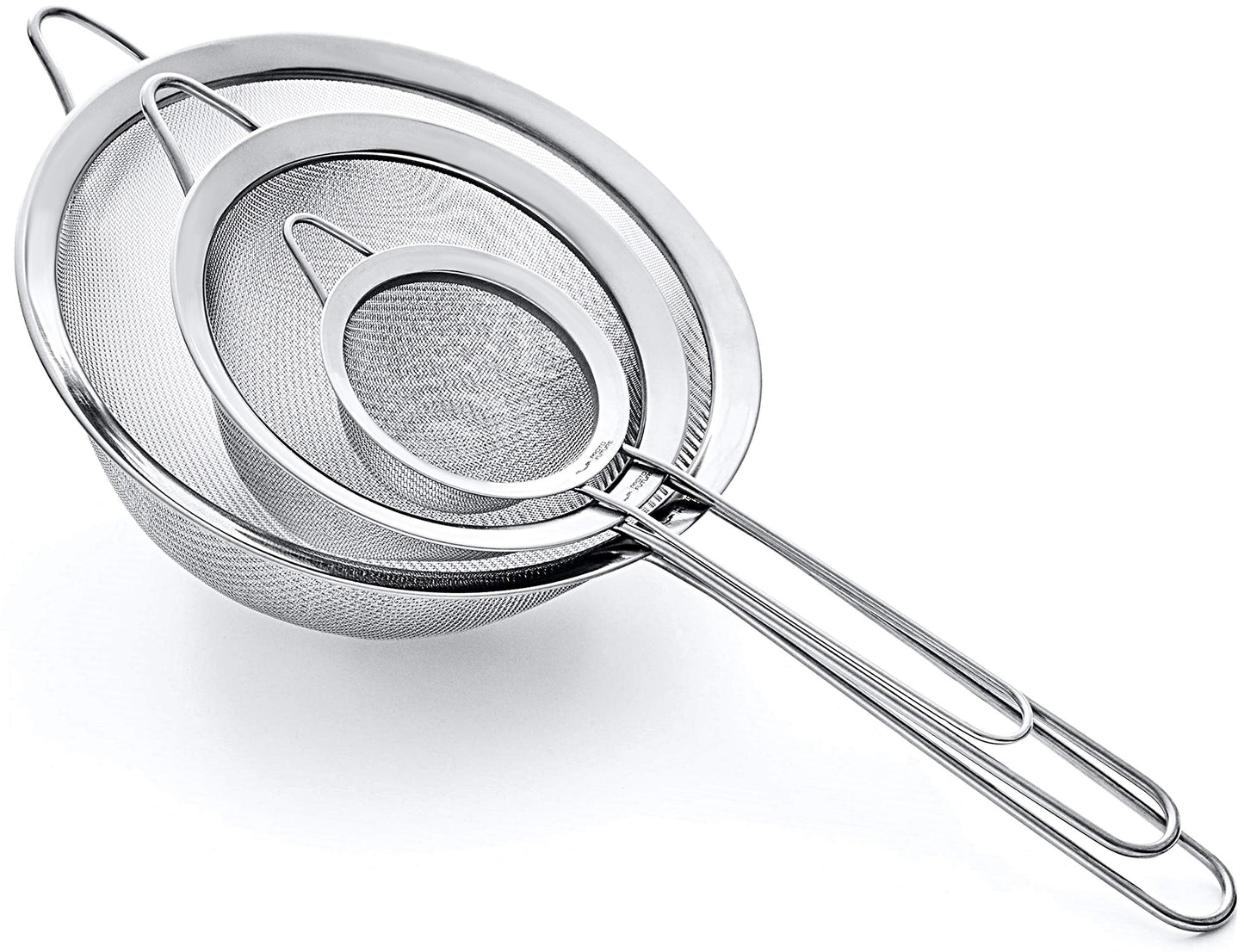 Proto Future Strainer Set Fine Mesh – Premium 304 Stainless Steel (18/8) – 8″, 5.5″ and 3.3″ Sturdy Kitchen Strainers (Silver)