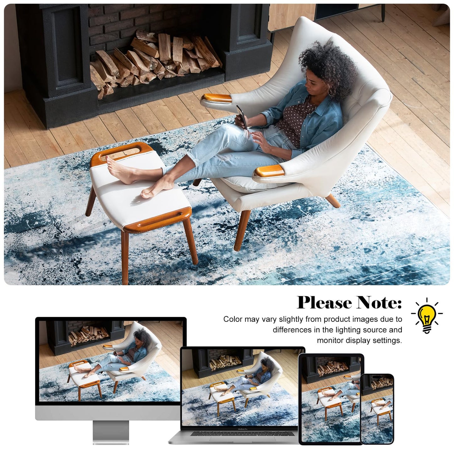 Macgace Modern Abstract Rugs for Living Room, 5'x7' Machine Washable Area Rug with Non Slip Backing for Bedroom, Soft Floor Covering Contemporary Carpet for Dining Room Kitchen Home Office, Blue