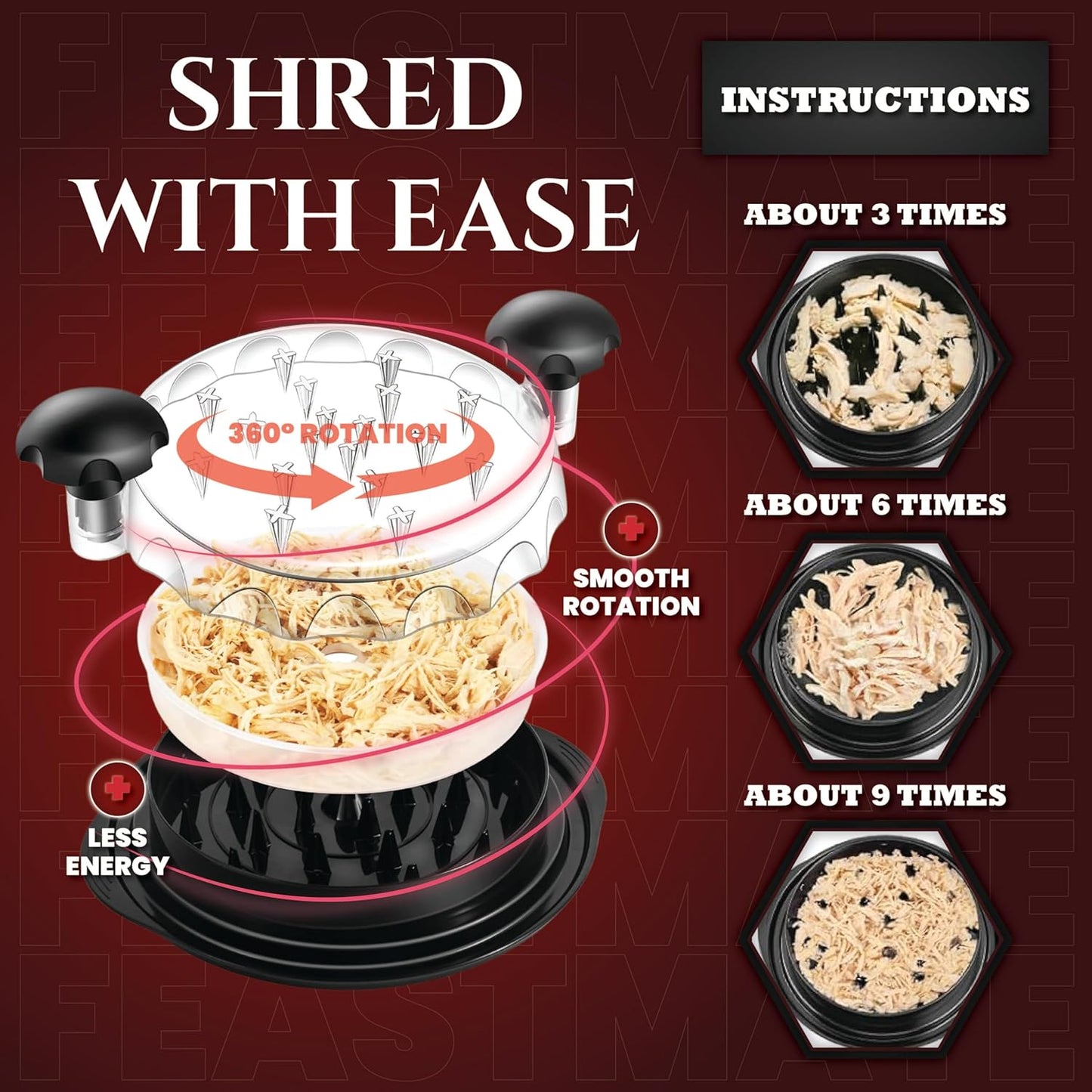 Skiennix 10” Pro Chicken Shredder Tool - Handheld Meat Shredder with Visible Lid & Extra Plate | BPA-Free