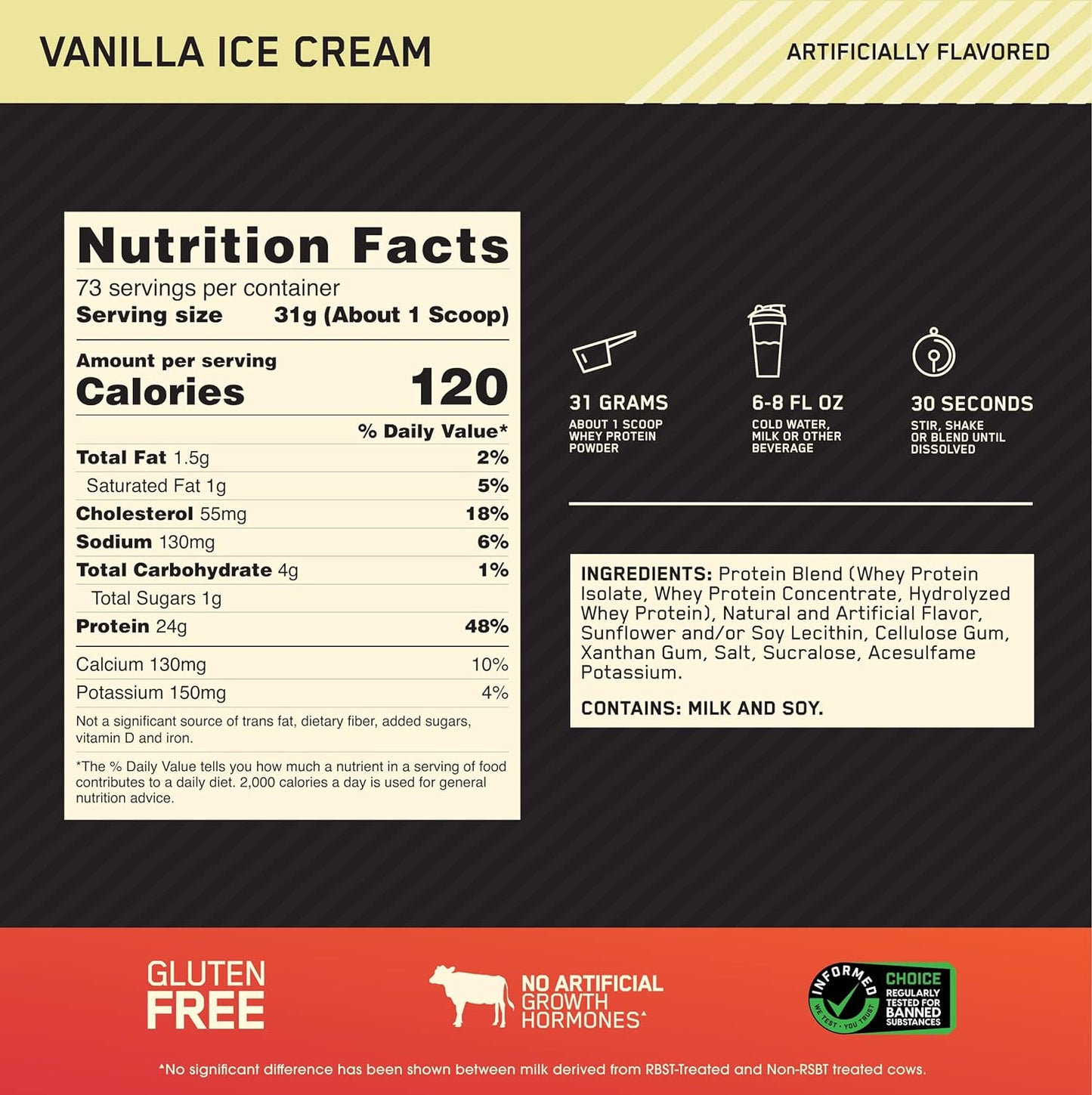 Optimum Nutrition Gold Standard Whey Protein Powder - Vanilla Ice Cream Flavor | 5 lb Size