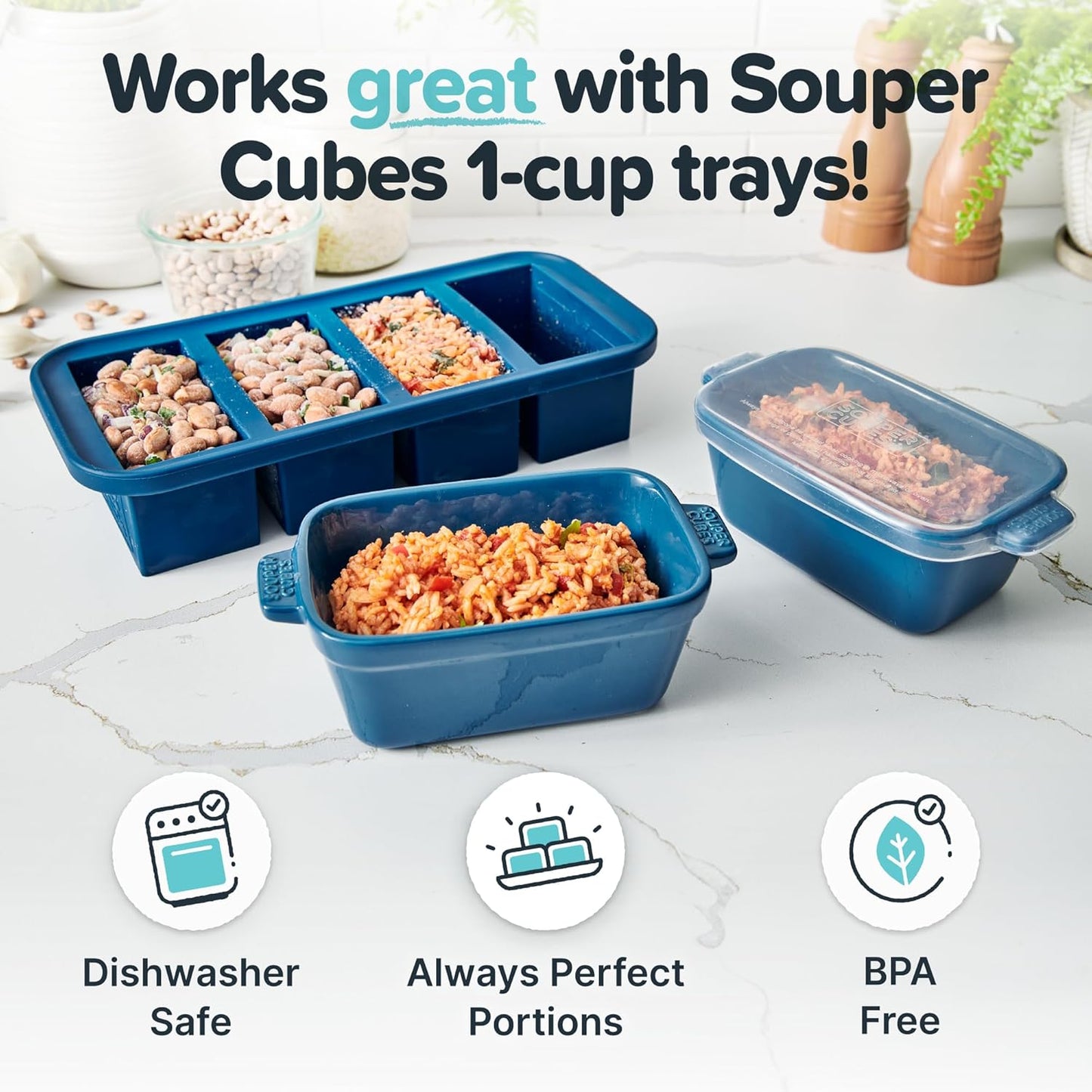 Souper Cubes Stoneware - Small 5" x 3" Ceramic Baking Dish Set of 4 with Silicone Covers | Ideal for Reheating Single Servings - Blueberry