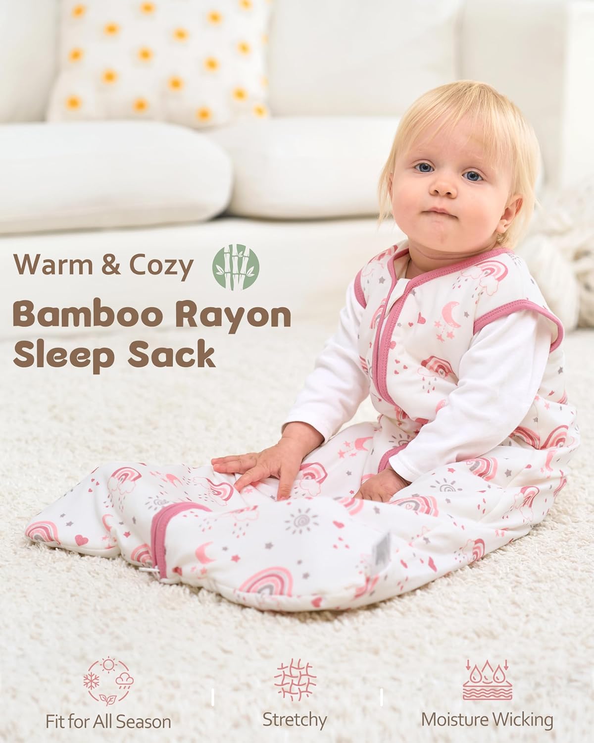 Rayon Made from Bamboo Baby Sleep Sack - Soft 1.0 Tog Wearable Blanket for Infants | 2-Pack Pink Rainbow, 6-12 Months