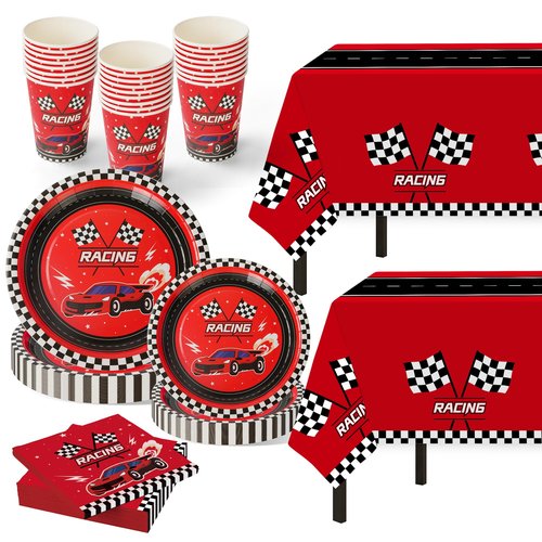 Childom 102 PCS Racing Car Tableware Sets,Race Car Birthday Party Supplies,Disposable Racing Tablecloths,Plates Cups Napkins,Cars Themed Tableware Set for Boys Birthday,Kids Parties,Racing Party Decor