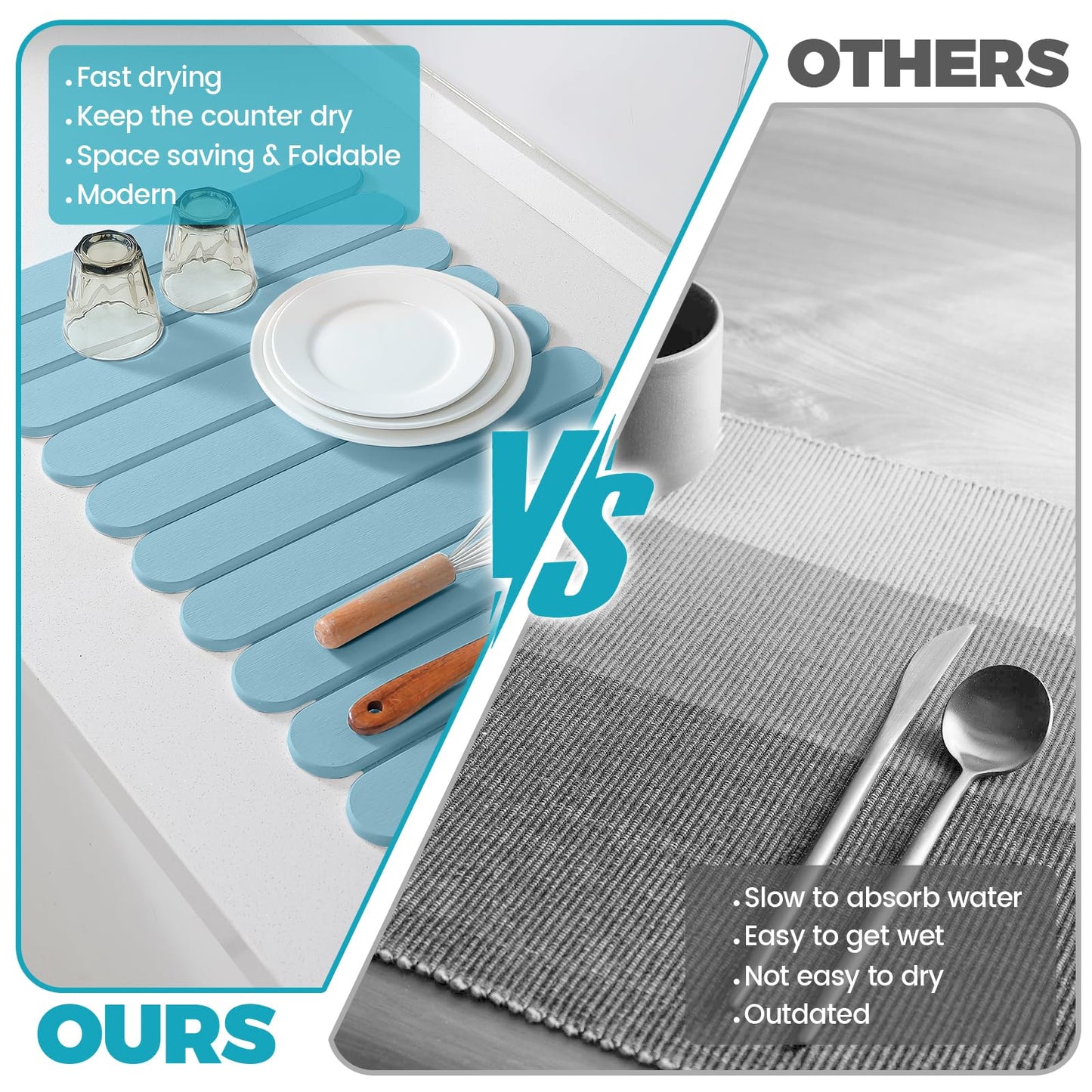 Extral Large Quick Dry Stone Drying Mat for Kitchen Counter,24"(L)x16"(W) Collapsible Eco-Friendly Absorbent Diatomaceous Earth Mat for Dishes Cups,Dish Drying Mats for Any Countertop ﻿