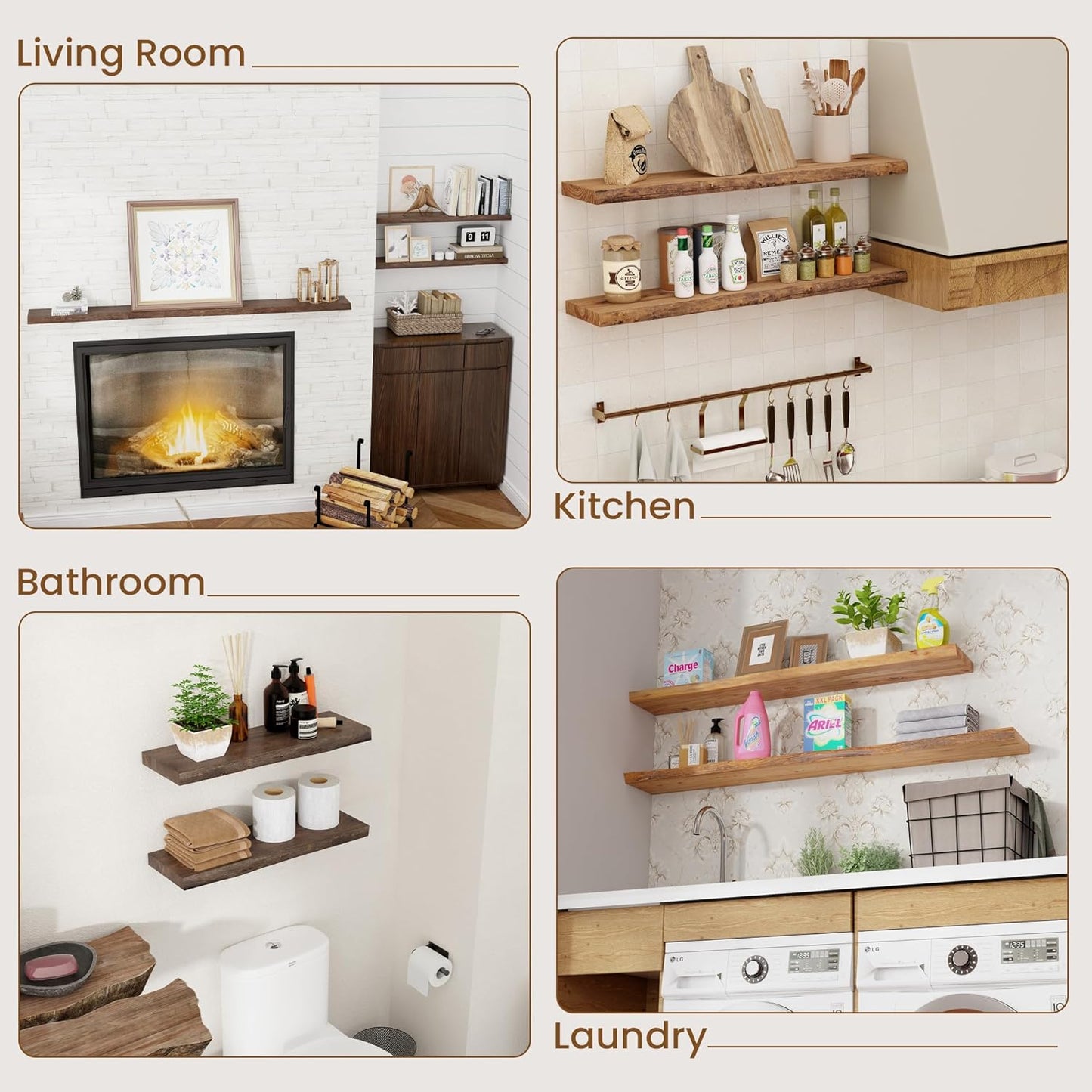 Rustic Solid Elm Wood Floating Shelves by [Brand Name] - Wall Mounted Live Edge Design | Set of 2, 24 Inch Natural Finish for Living Room, Bathroom, Kitchen