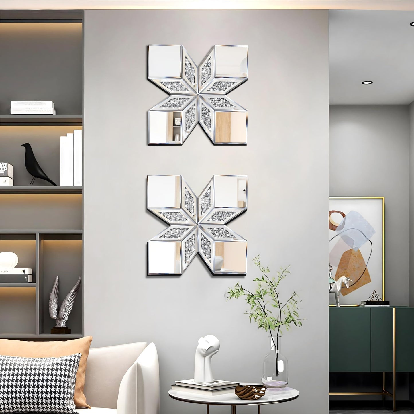 GA Home Crushed Diamond Mirror Wall Decor 2 Pack, 22.25x22.25” Diamond Shape Silver Wall Mirror for Living Room Dining Room Bedroom