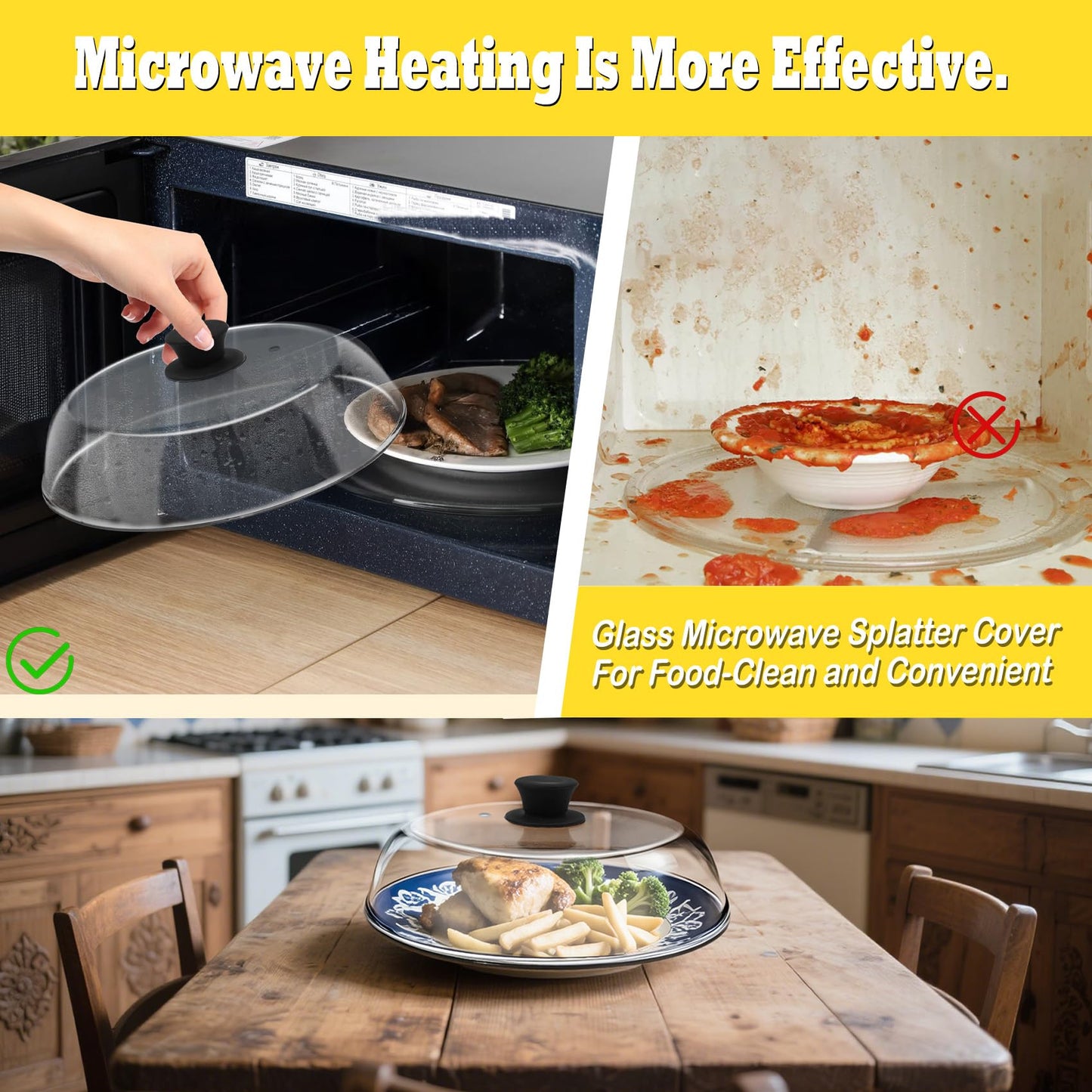 10in Glass Microwave Splatter Cover for Food, 10in Glass Microwave Cover for Food, Microwave Plate Lid with Vent Holes & Easy-Grip Handle, Dishwasher Safe, No Plastic, Food Grade,