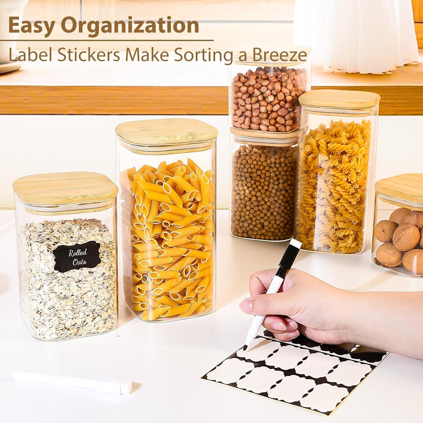 TBWIND Glass Storage Containers - 6 Pack Airtight Canisters with Bamboo Lids | Clear Jars for Food, Coffee, Flour, Snacks (24oz/37oz/51oz)