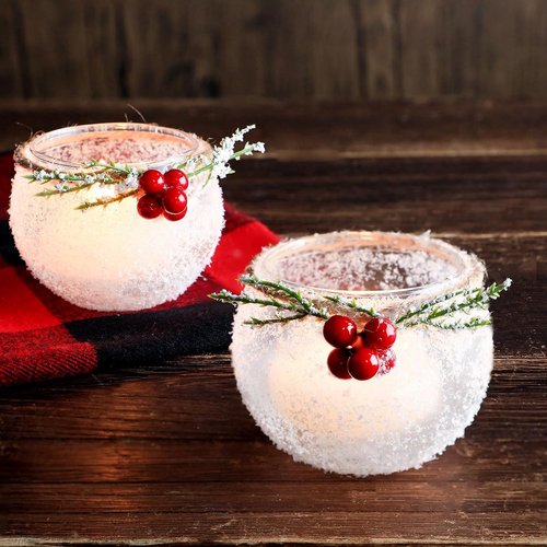 Funnymoom Christmas Votive Candle Holders - 6 Pcs Snowy & Red Berry Design for Table Centerpiece | Indoor Decor