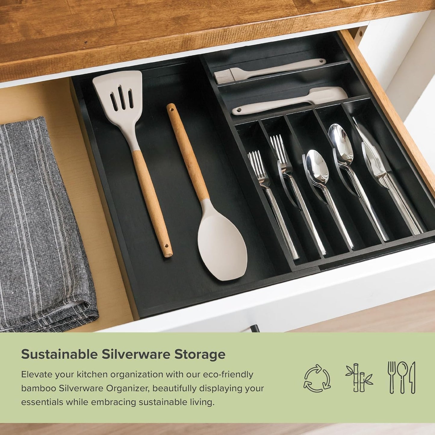 KitchenEdge Premium Flatware Organizer - Expandable Food-Safe Utensil Holder, Black Bamboo, 10.5 to 19 In
