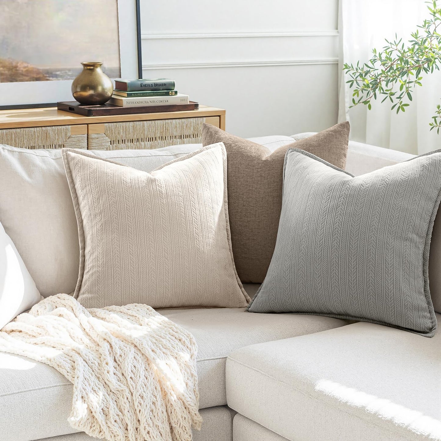 MIULEE 20x20 Inch Beige Decorative Couch Pillow Covers Set of 2 Chenille Throw Pillow Covers Farmhouse Cushion Cases with Elegant Design for Home Decor Sofa Bedroom Living Room