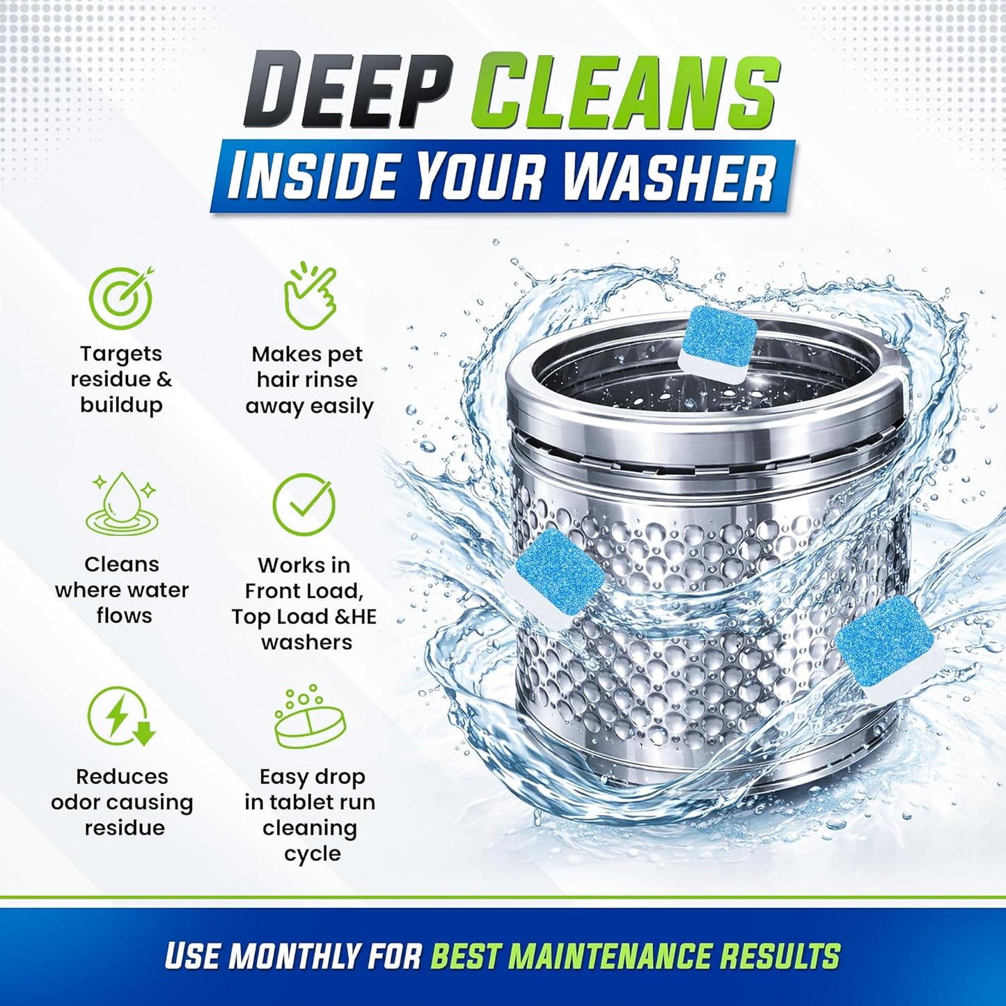 Skiennix Washing Machine Cleaner Tablets - 25 Pack for Deep Cleaning & Pet Hair Removal | Compatible with All Washer Types
