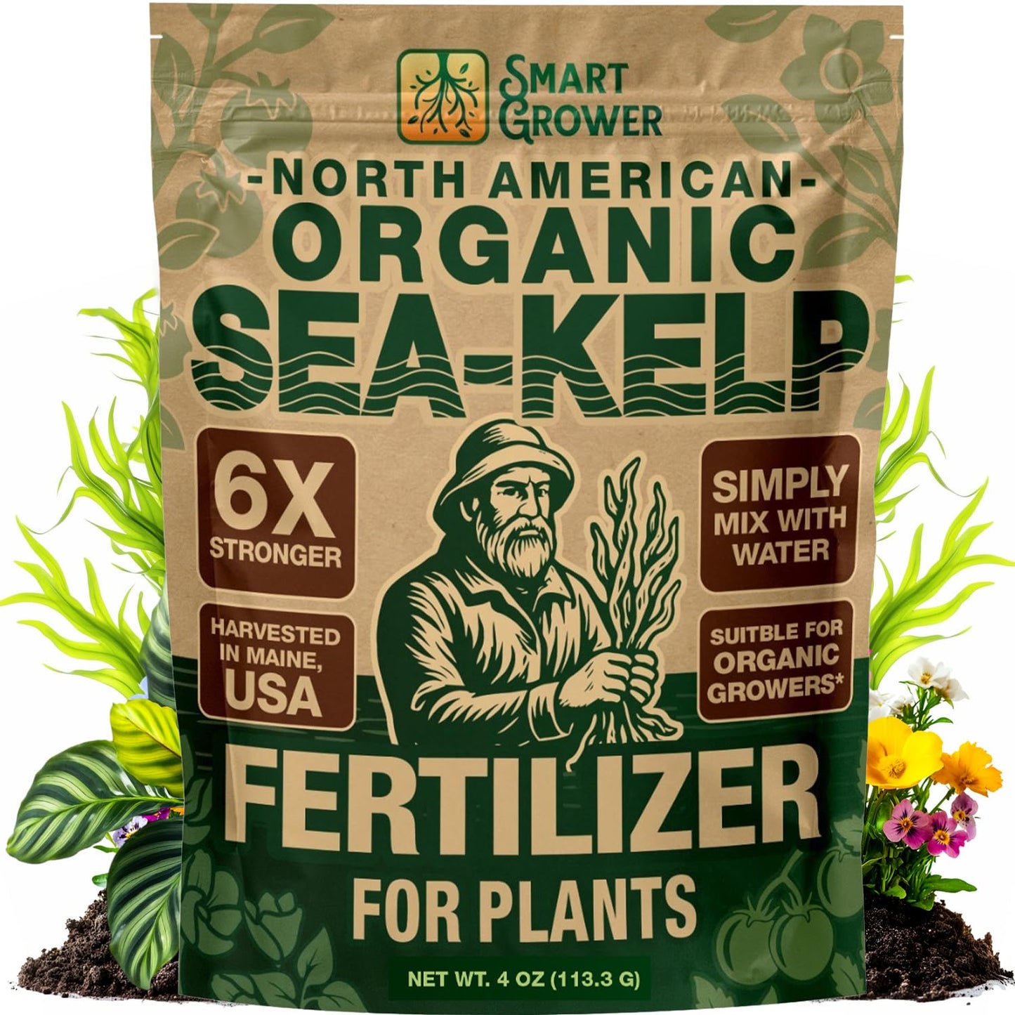 Smart Grower Organic Sea Kelp Fertilizer - Water-Soluble Plant Food for Indoor Gardens | 4oz Bag Makes 100 Gallons