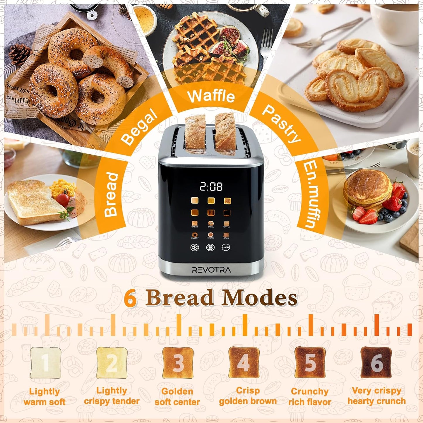 Skiennix 2-Slice Toaster - Stainless Steel with LED Display, Extra Wide Slots & 6 Shade Settings | Compact Design for Bagels & Waffles