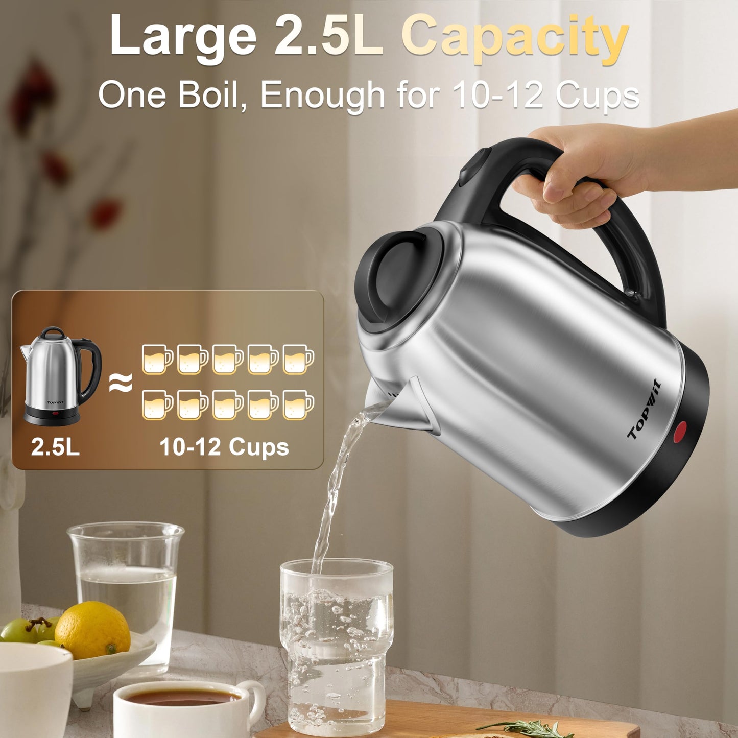 Topwit 2.5L Large Electric Kettle, BPA Free Stainless Steel Water Boiler & Heater, Fast Boil Electric Tea Kettle, Hot Water Kettle Electric with Auto Shut-Off & Boil-Dry Protection for Family